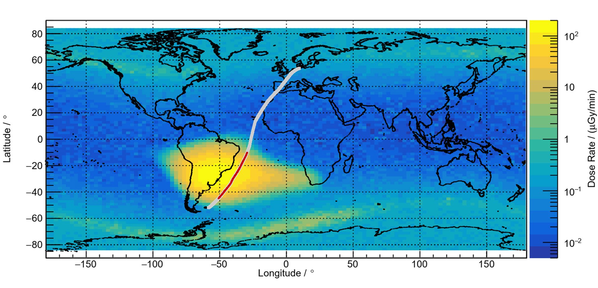 Daten des DLR-Satelliten Eu:CROPIS zeigen beispielhaft in 600 Kilometern Höhe die Südatlantische Anomalie (gelb). Die Flugroute führte in 13 Kilometern Höhe direkt durch diesen geografischen Bereich (rot markiert).