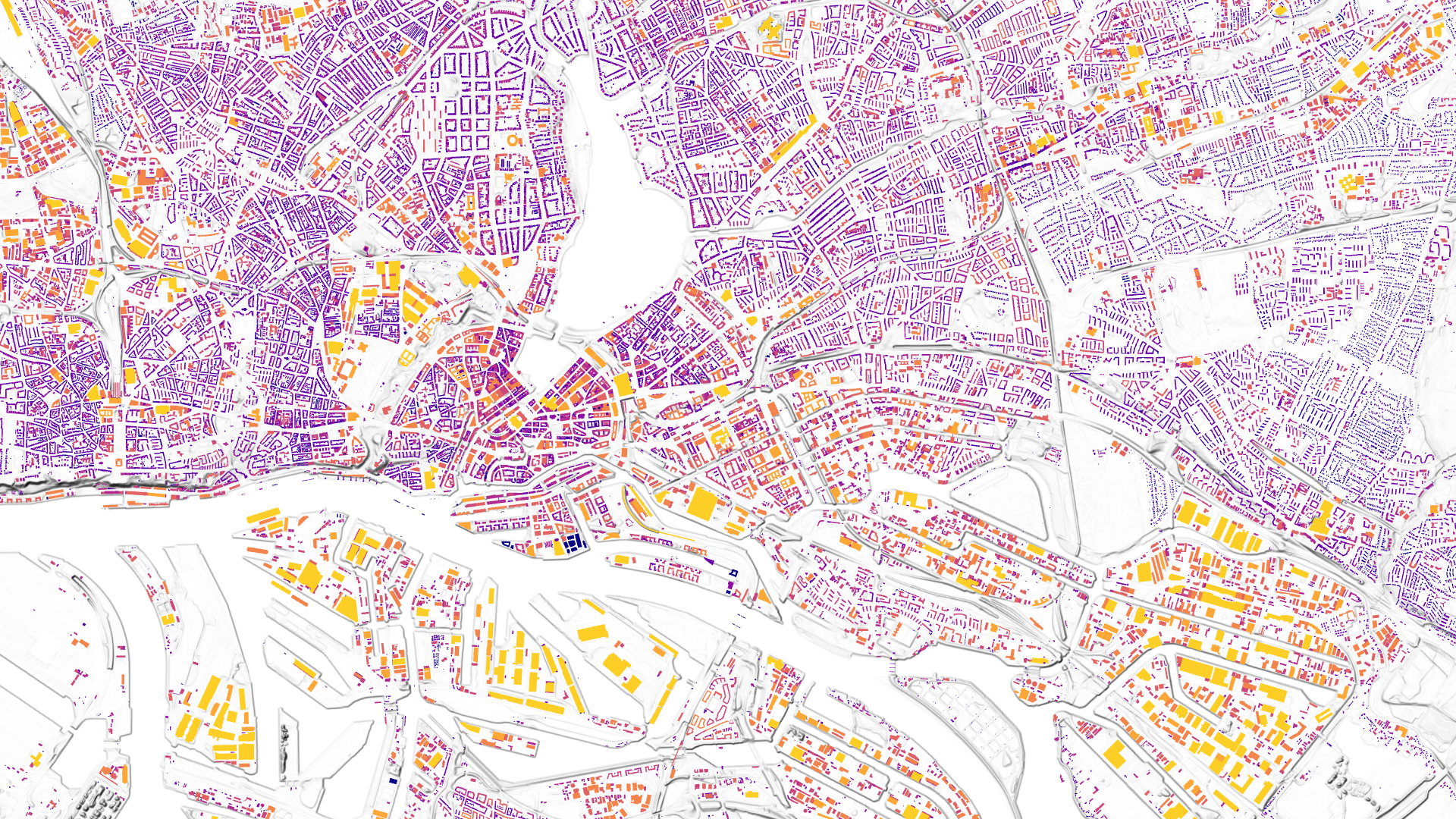 Das Bild zeigt das Solardach-Potenzial für Hamburg in farblichen Abstufungen von gelb (hohes Potenzial) zu dunkelblau.