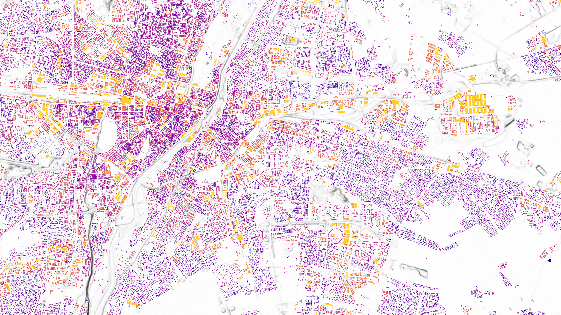 Das Bild zeigt das Solardach-Potenzial für München in farblichen Abstufungen von gelb (hohes Potenzial) zu dunkelblau.
