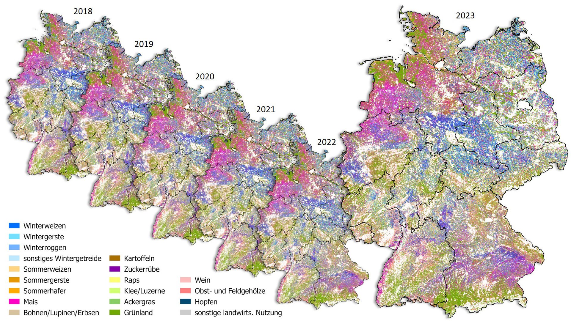 Die mehrjährige Kartierung zeigt die kultivierten Feldfrüchte und landwirtschaftlichen Hauptnutzungsarten in Deutschland. Die Farben beschreiben die 18 unterschiedlichen Feldfrüchte. In dieser Darstellung sind die deutschlandweiten Karten für die sechs Jahre von 2018 bis 2023 zu sehen.