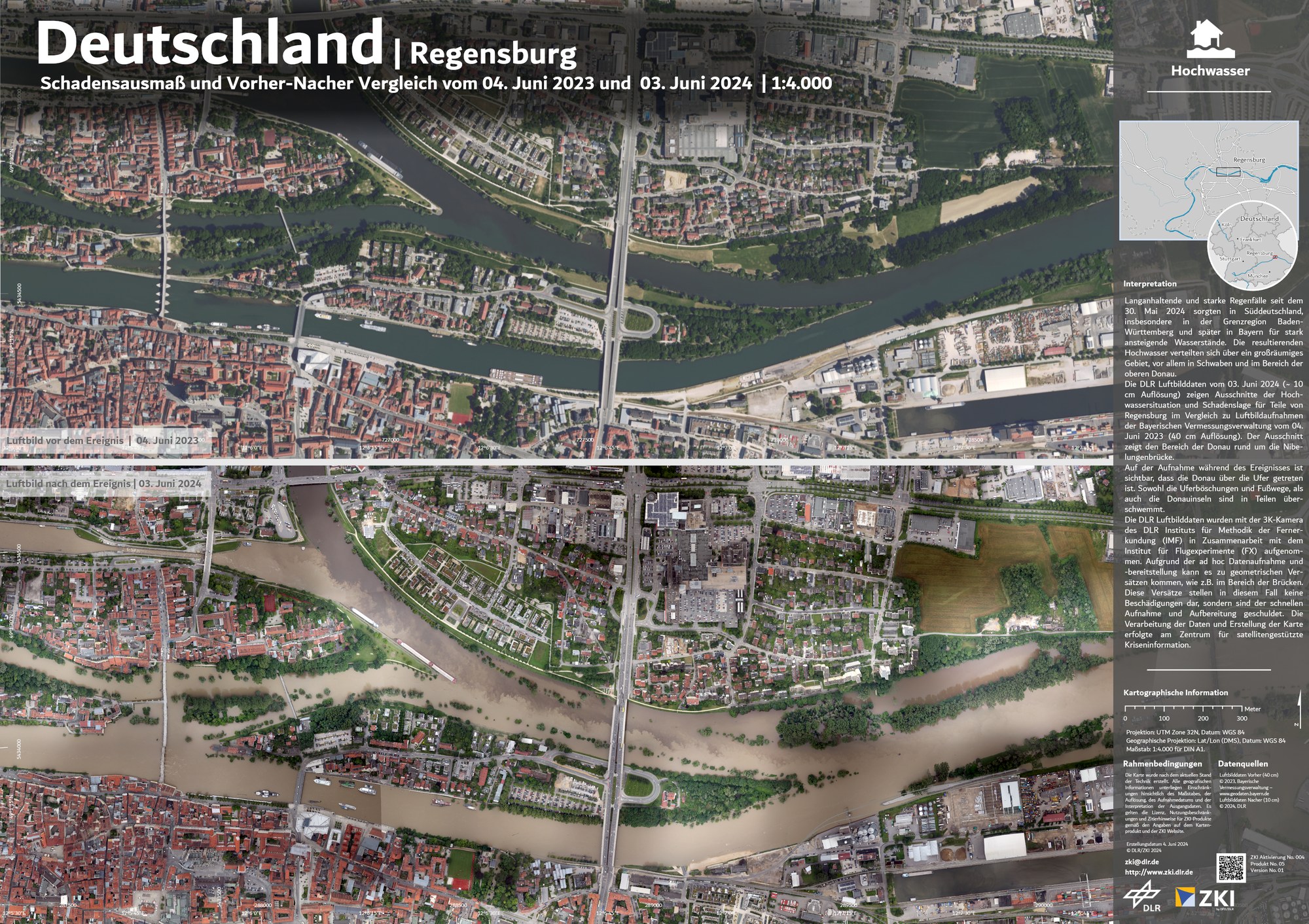Vorher-Nacher-Vergleich: Hochwasser in Regensburg