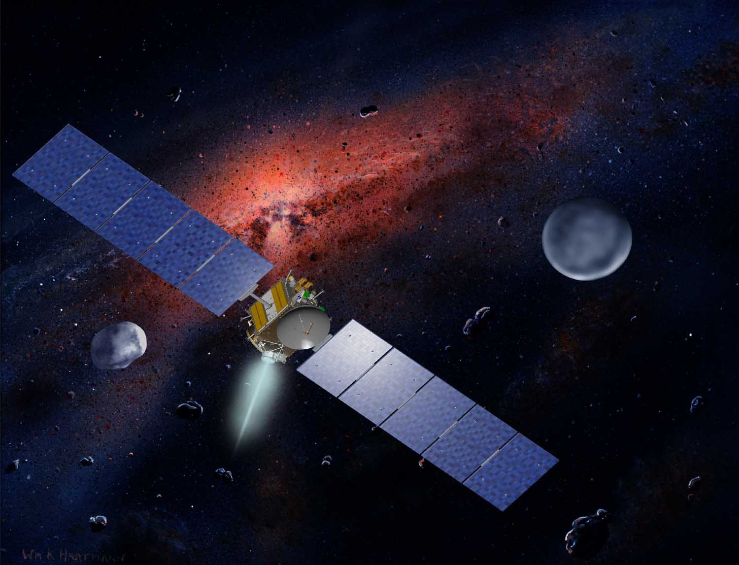 Künstlerische Darstellung der Raumsonde Dawn mit Ceres und Vesta