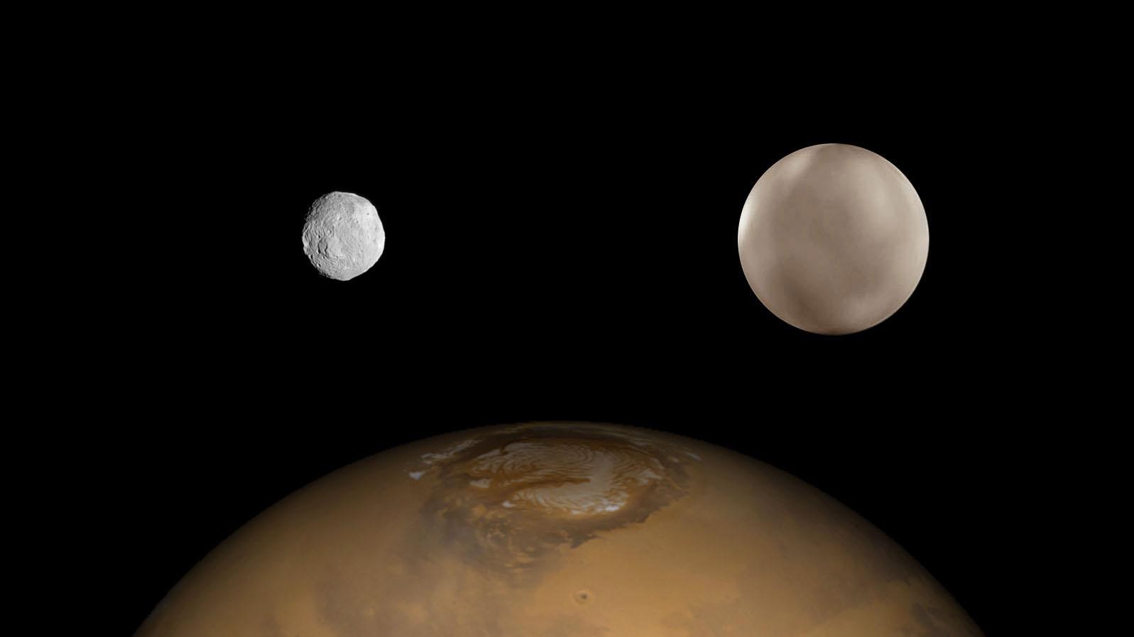 Vesta und Ceres im Größenvergleich zum Mars