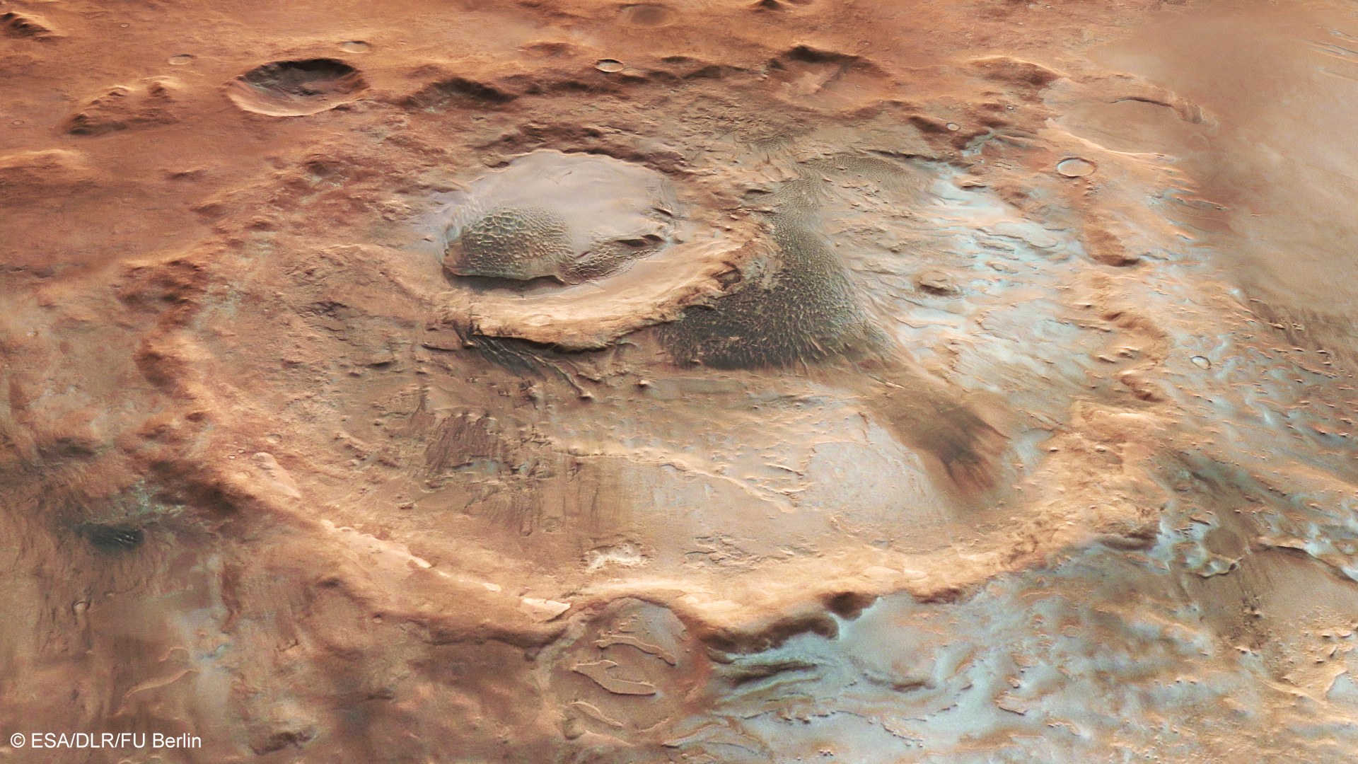 Perspektivischer Blick auf den Krater Hooke im Norden von Argyre Planitia