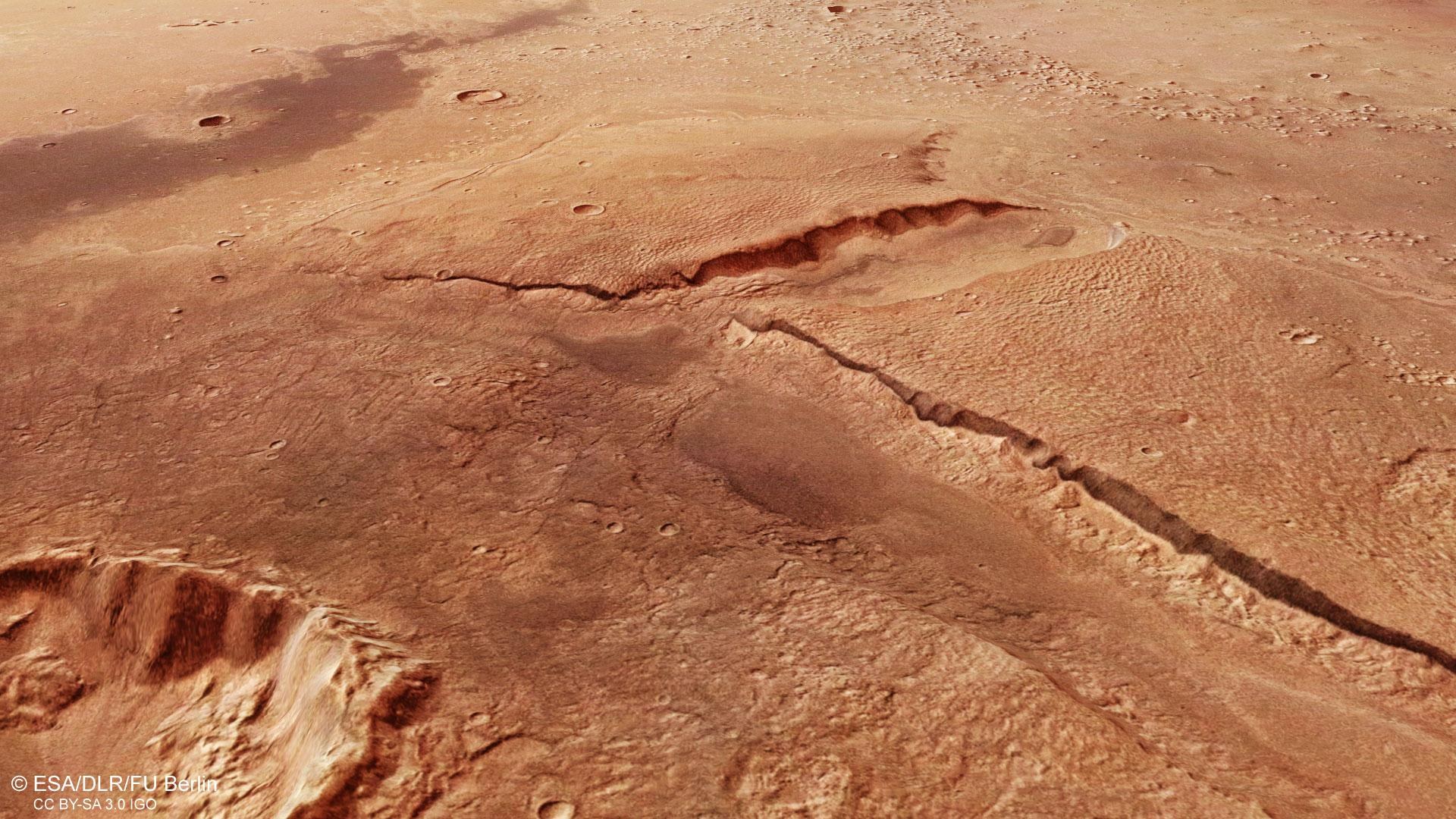 Perspektivischer Blick auf zwei Tafelberge in der Cydonia-Region