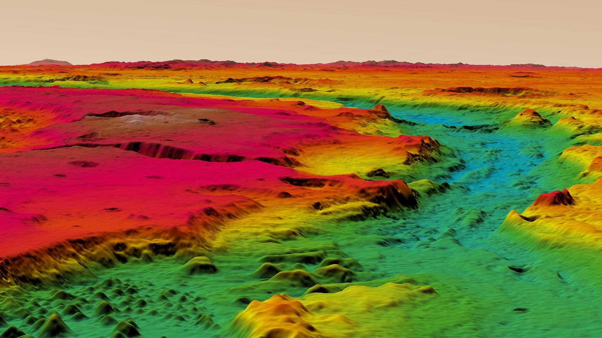 Farbkodierte perspektivische Ansicht der Topographie des Ares Vallis-Oberlaufs