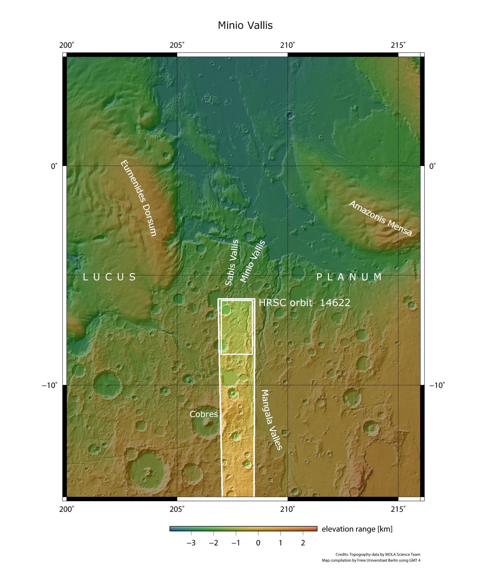 Regionale Übersichtskarte der Region Mangala Valles und Minio Vallis