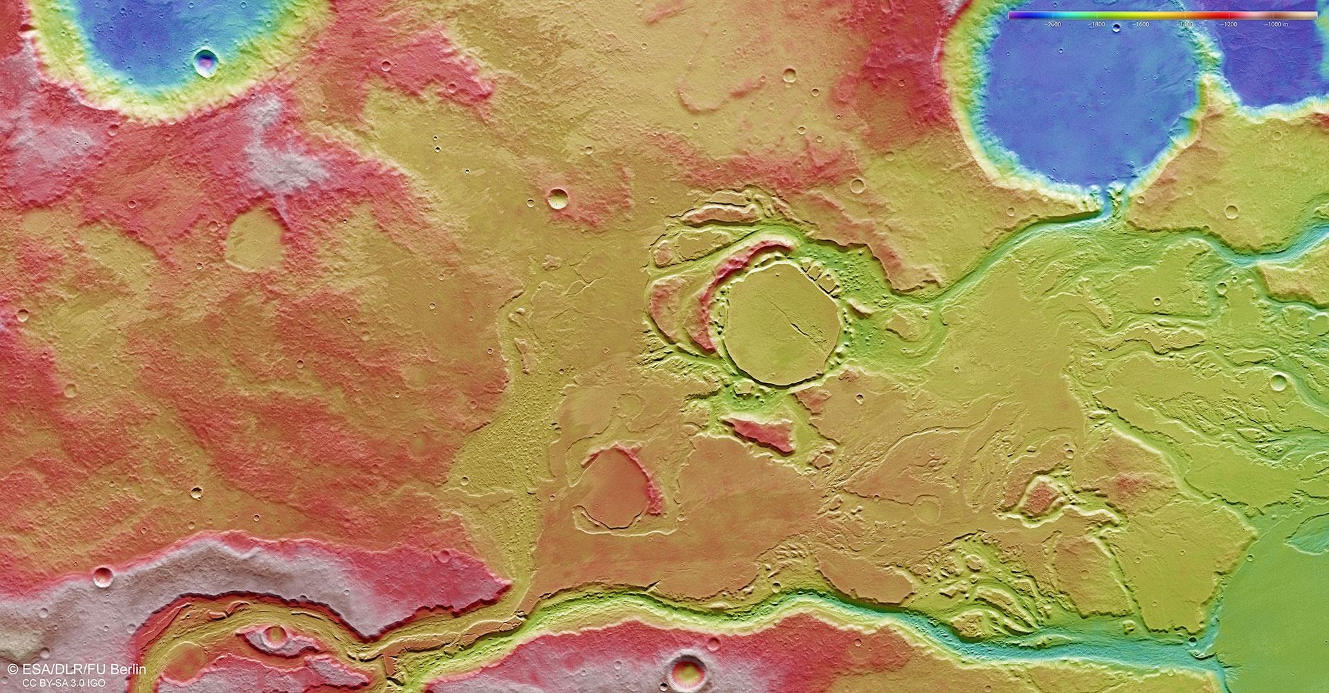 Topographische Bildkarte des Gebiets Mangala Valles und Minio Vallis