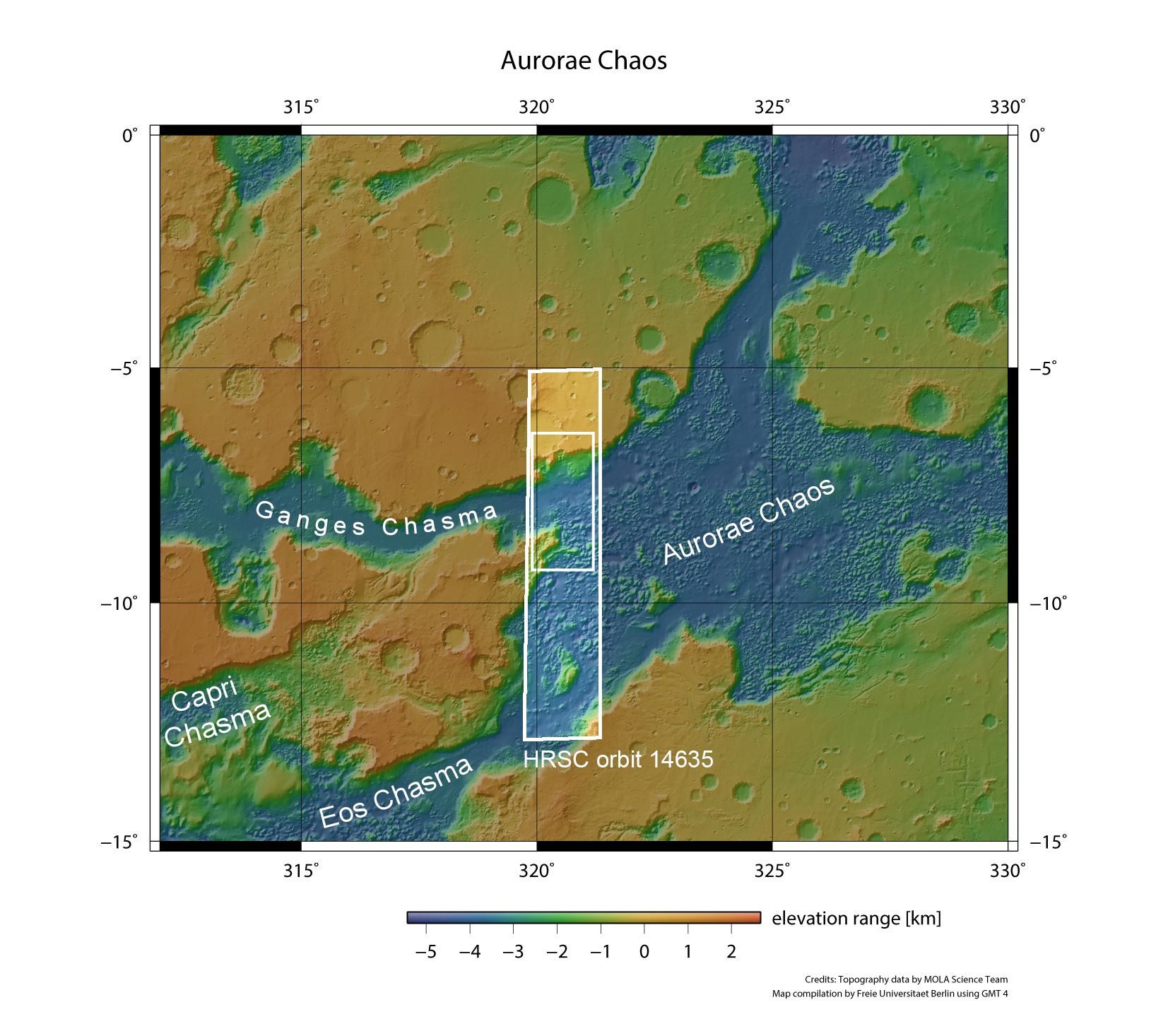 Topographische Karte der östlichen Ausläufer der Valles Marineris