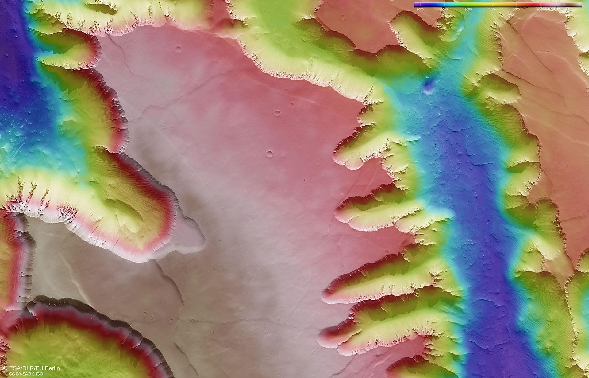 Falschfarbendarstellung der Topographie im Nordosten von Noctis Labyrinthus