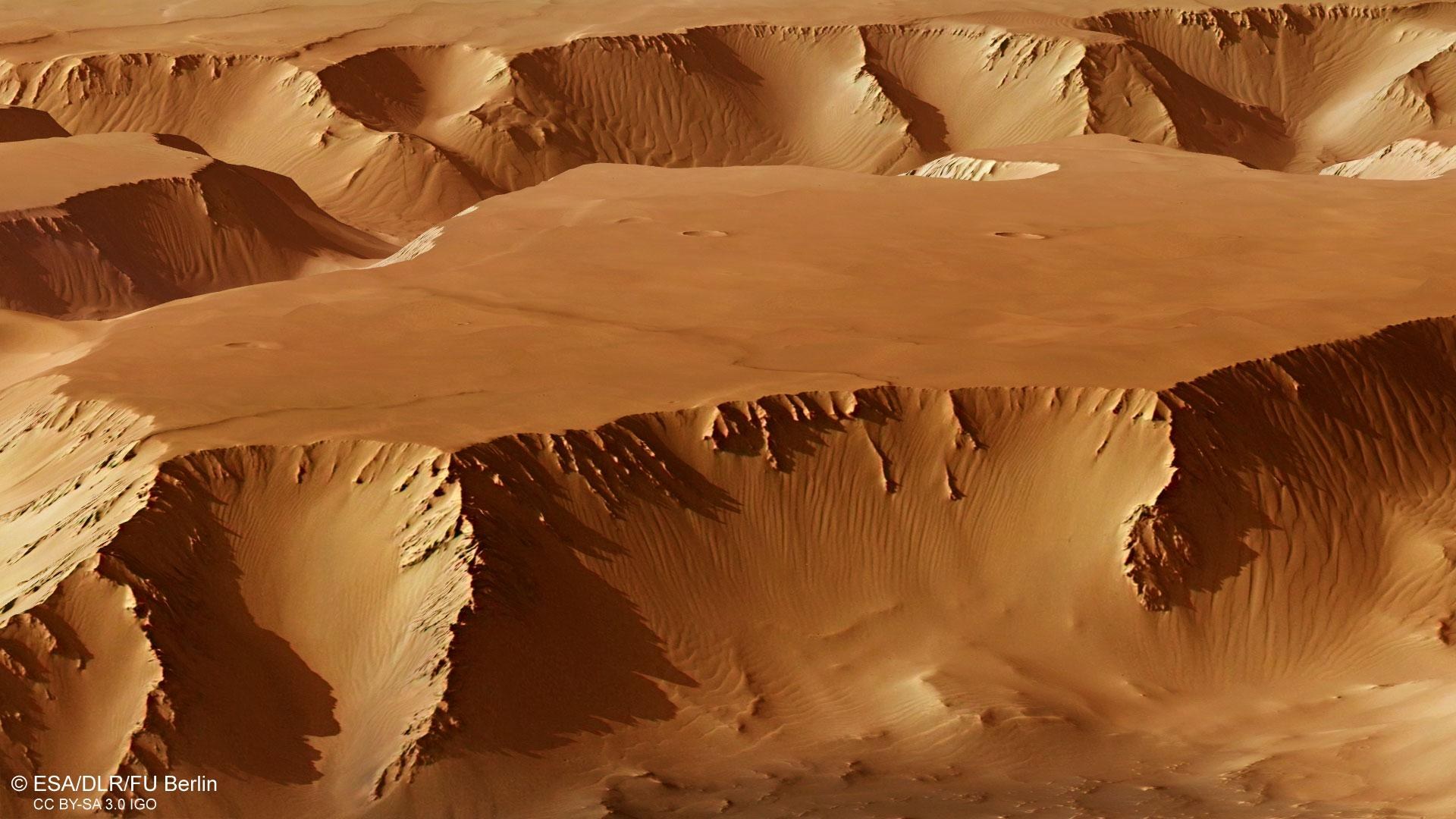 Perspektivische Darstellung eines Tafelbergs in Noctis Labyrinthus