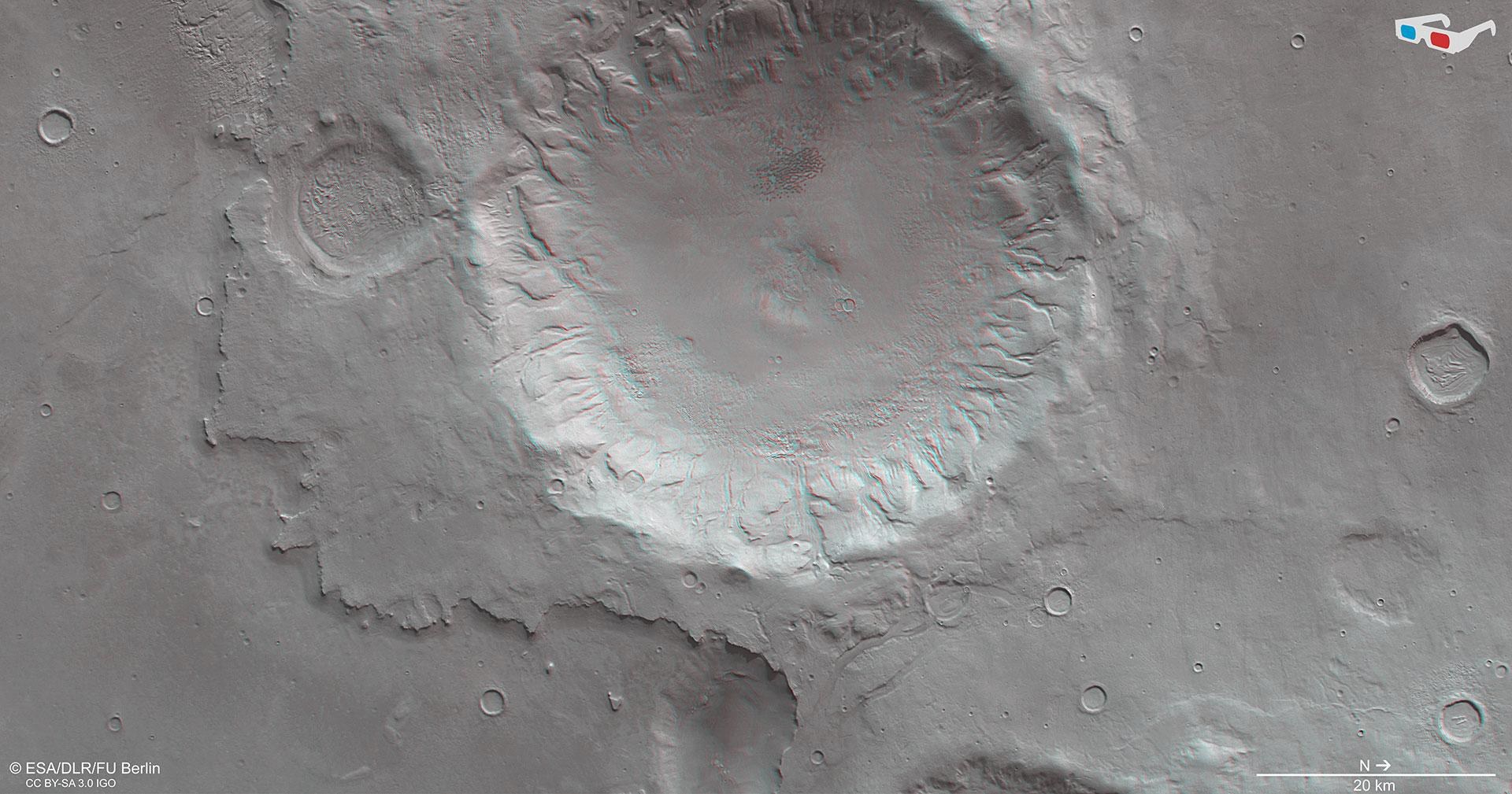 Anaglyphenbild eines Kraters südöstlich von Serpentis Terra