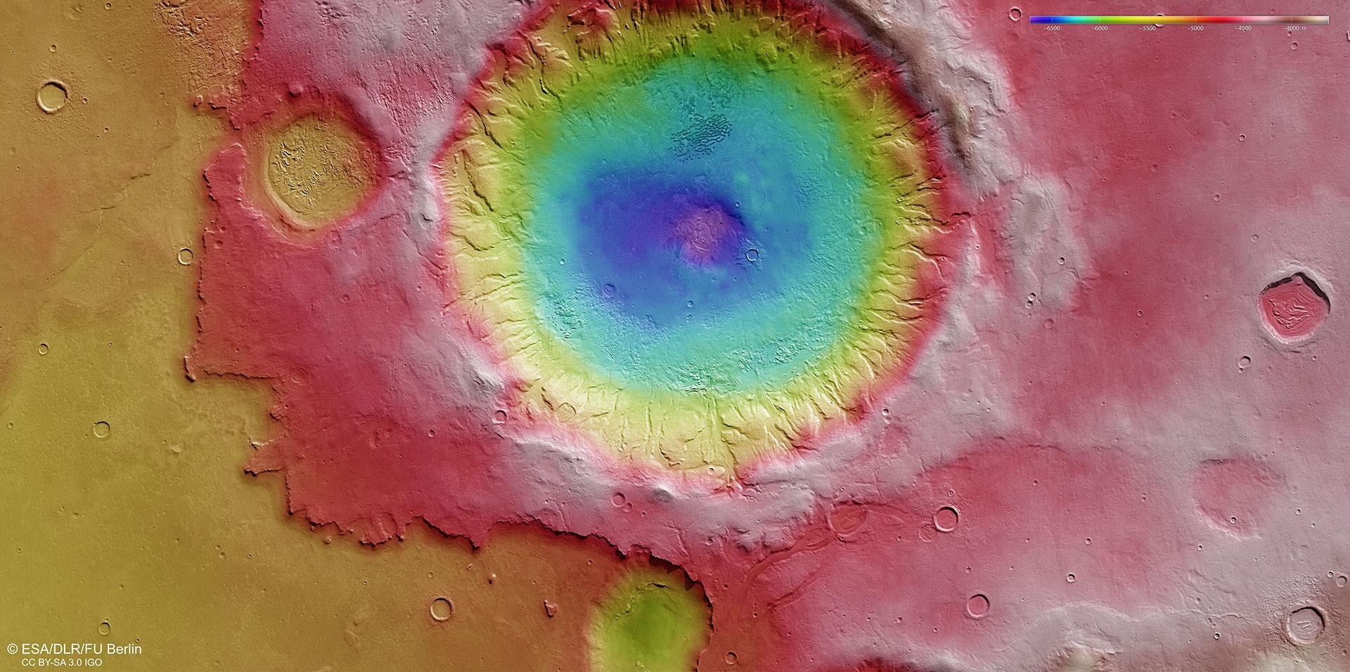 Falschfarbendarstellung der Topographie eines Kraters in Noachis Terra