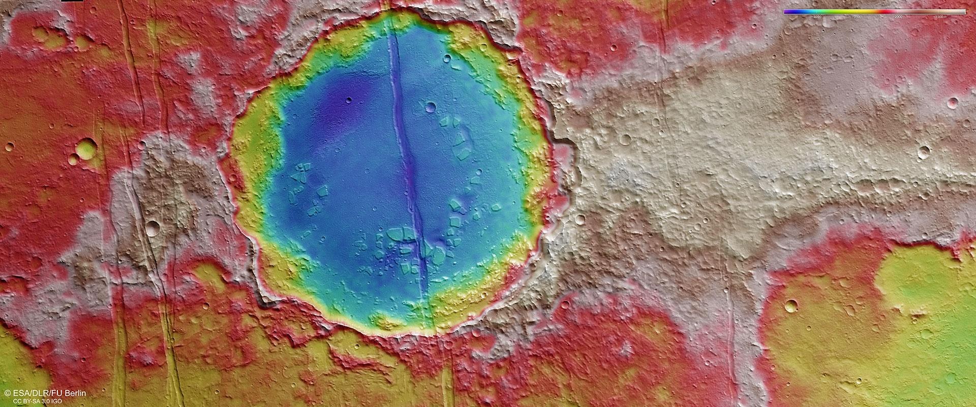 Falschfarbendarstellung der Topographie in Memnonia Fossae