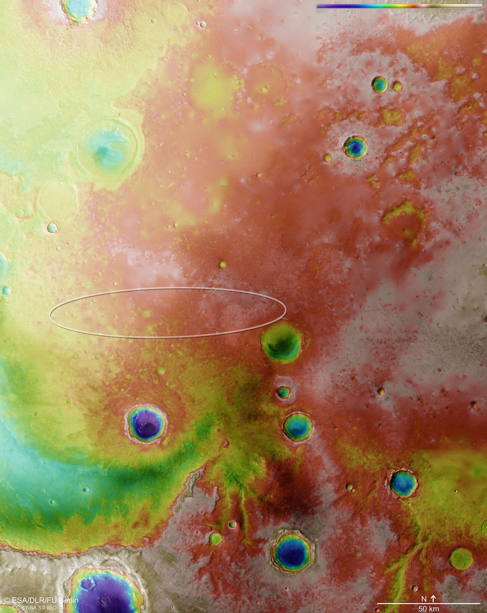 Falschfarbendarstellung der Topographie der Landestellen-Umgebung von Schiaparelli