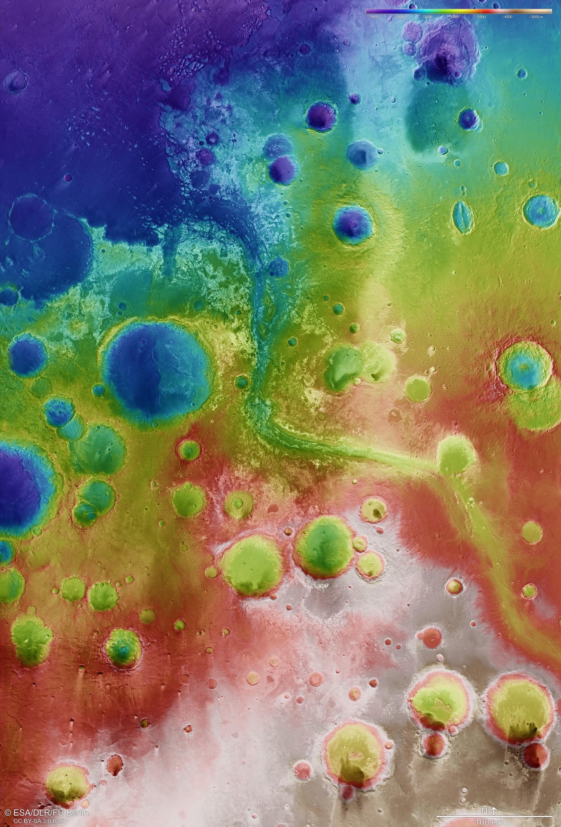 Falschfarbendarstellung der Topographie des Gebiets um Mawrth Vallis