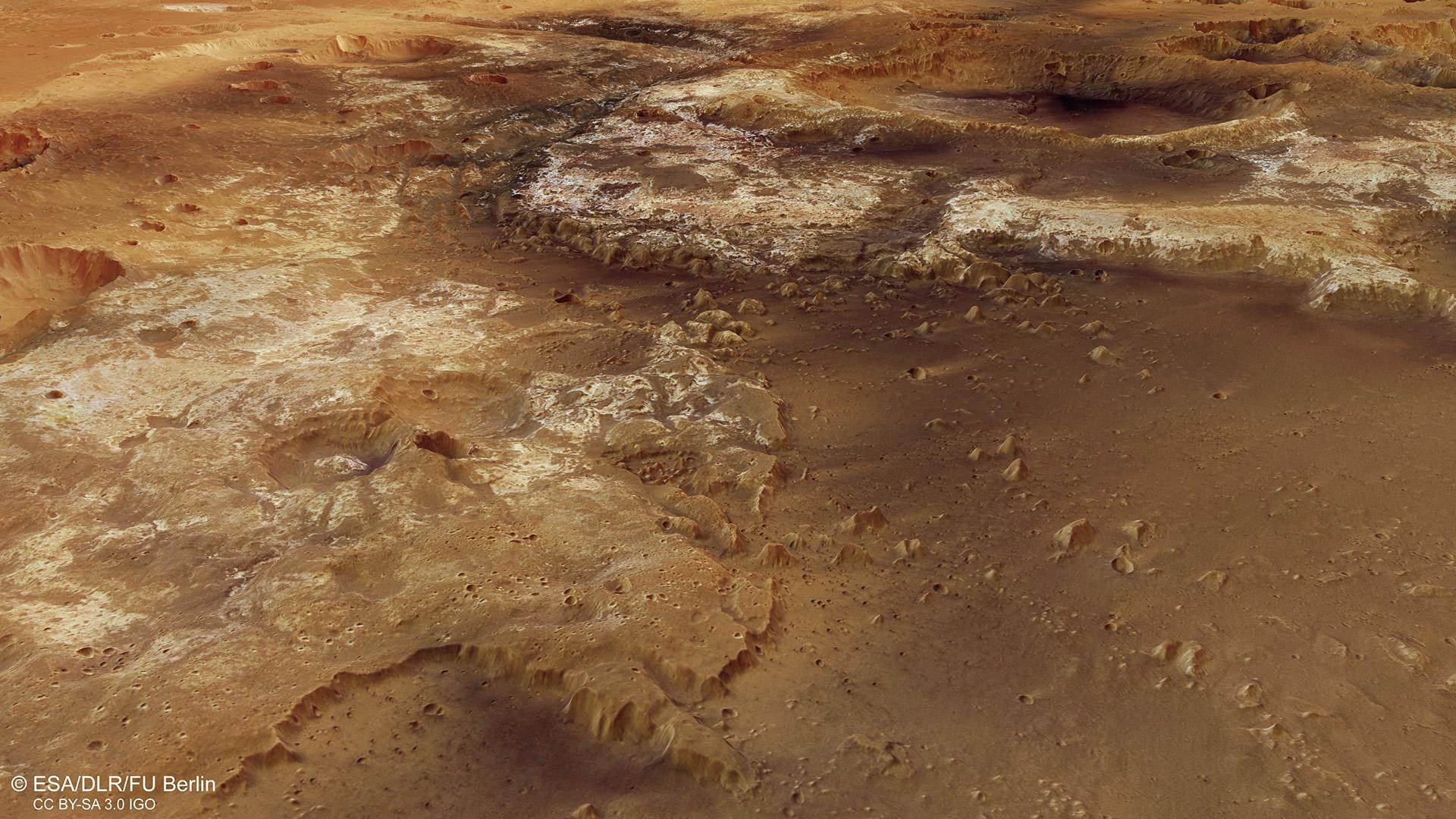 Perspektivische Ansicht eines Teils des Mawrth-Tals auf dem Mars