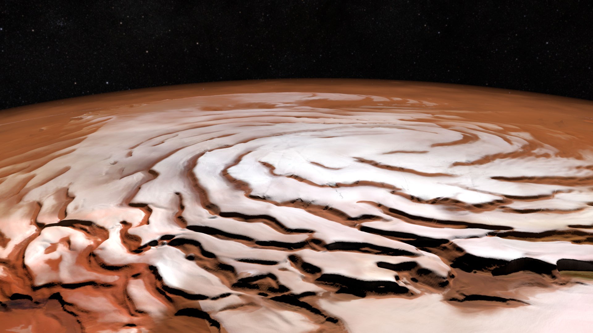 "Spiralarme" und Taleinschnitte um den Nordpol des Mars