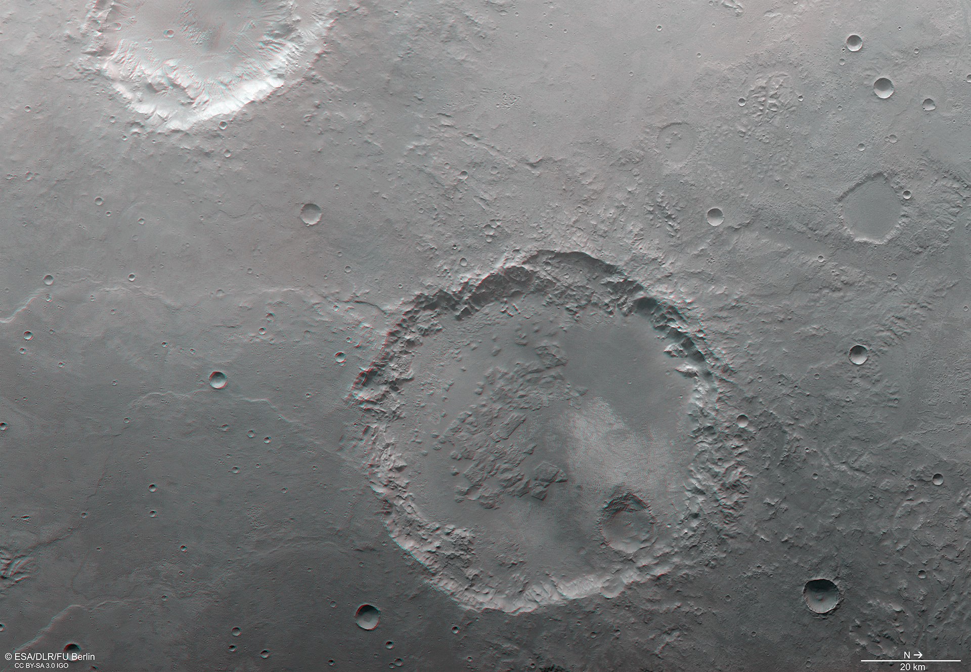 Anaglyphenbild des Kraters in der südlichen Hochlandregion Margaritifer Terra