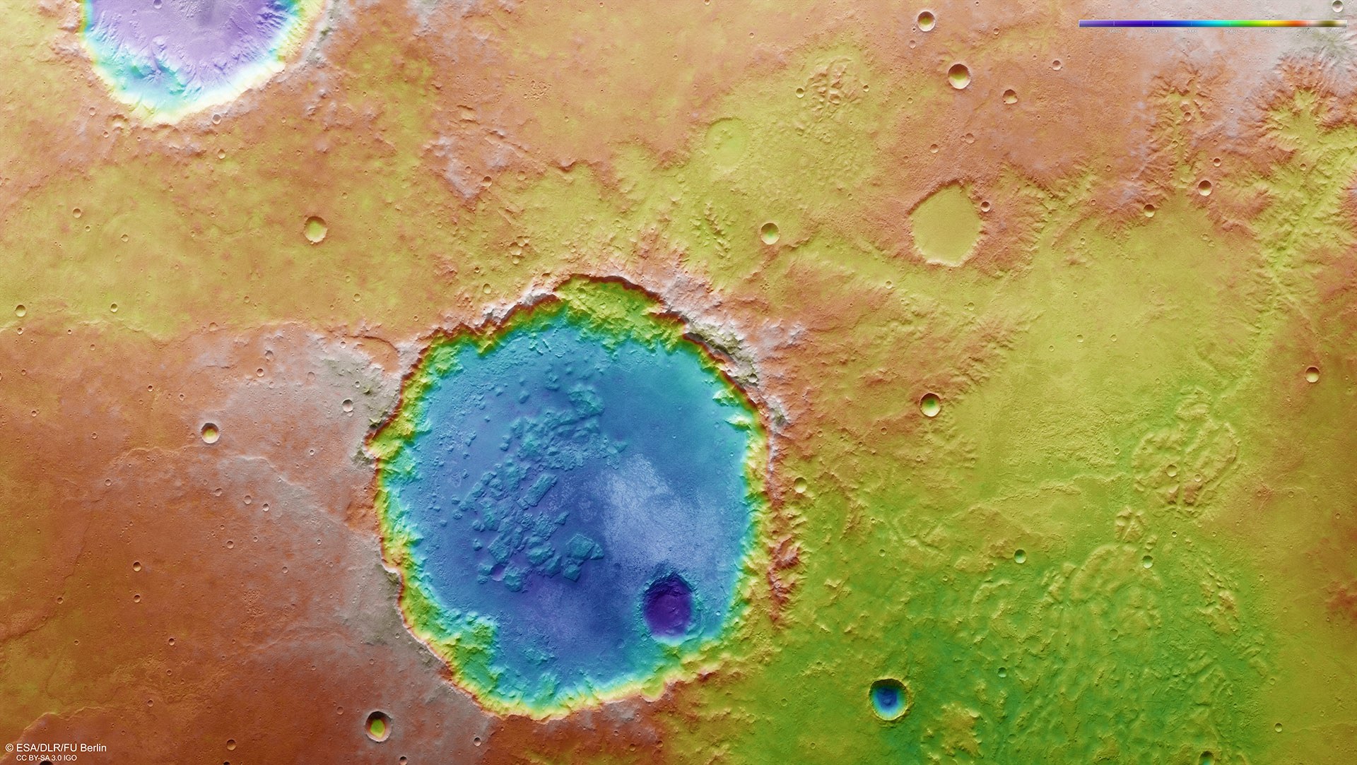 Falschfarbendarstellung der Topographie des Kraters in der Region Margaritifer Terra
