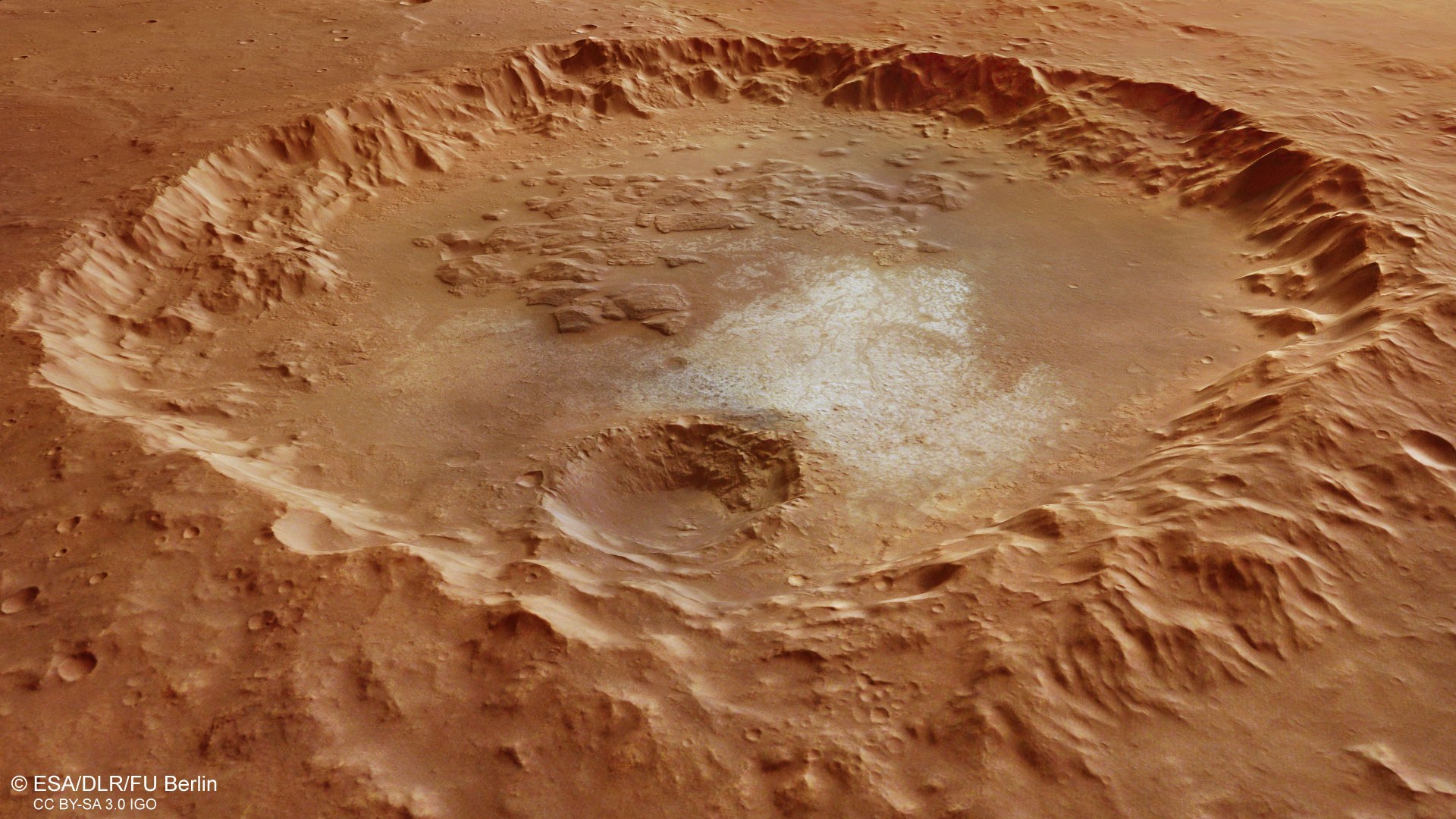 Krater mit hellen Ablagerungen in der südlichen Hochlandregion Margaritifer Terra