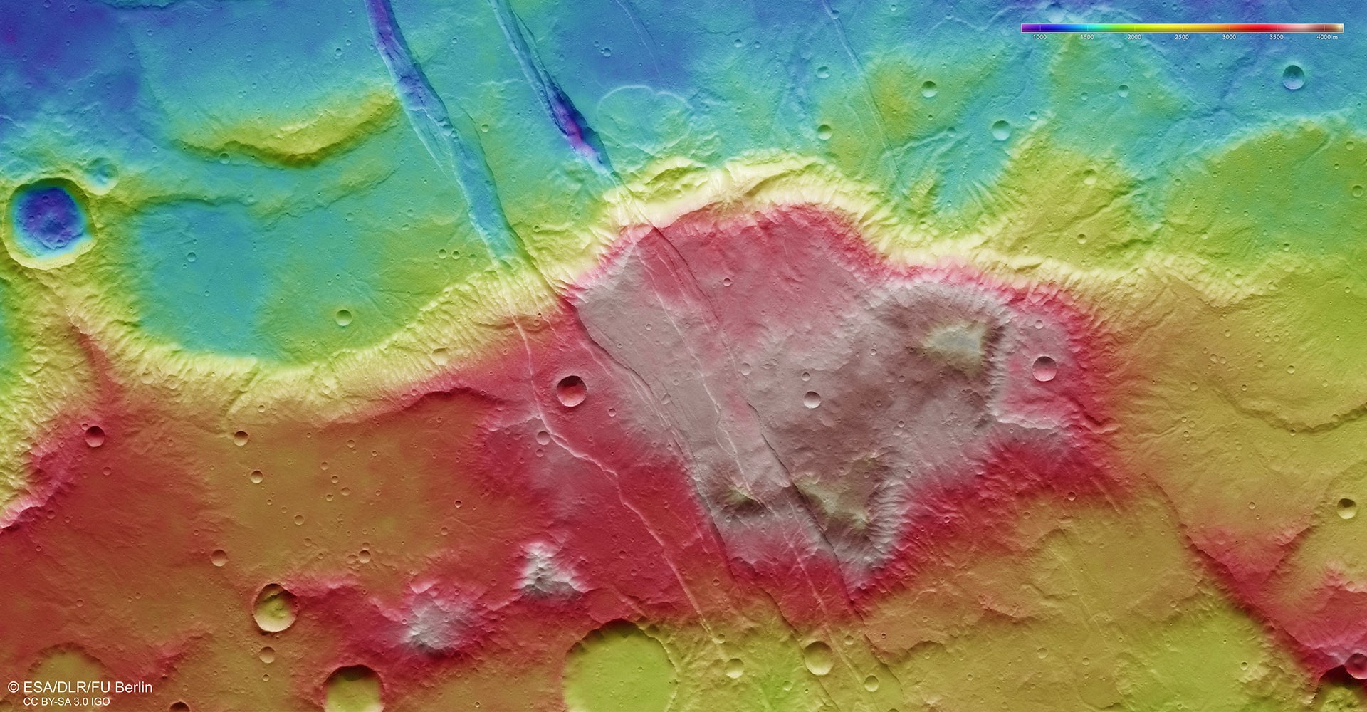 Falschfarbendarstellung der Topographie der Sirenum Fossae