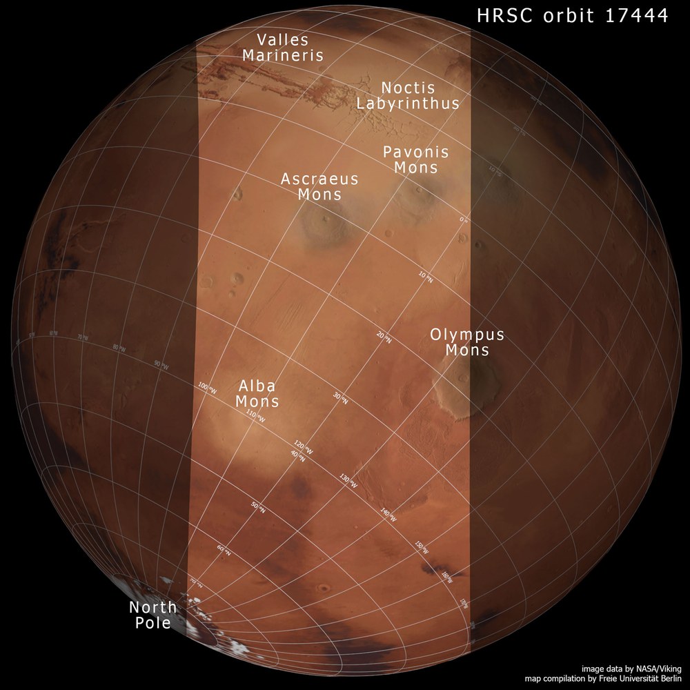 Ausdehnung des HRSC-Bildstreifens des Orbits 17.444