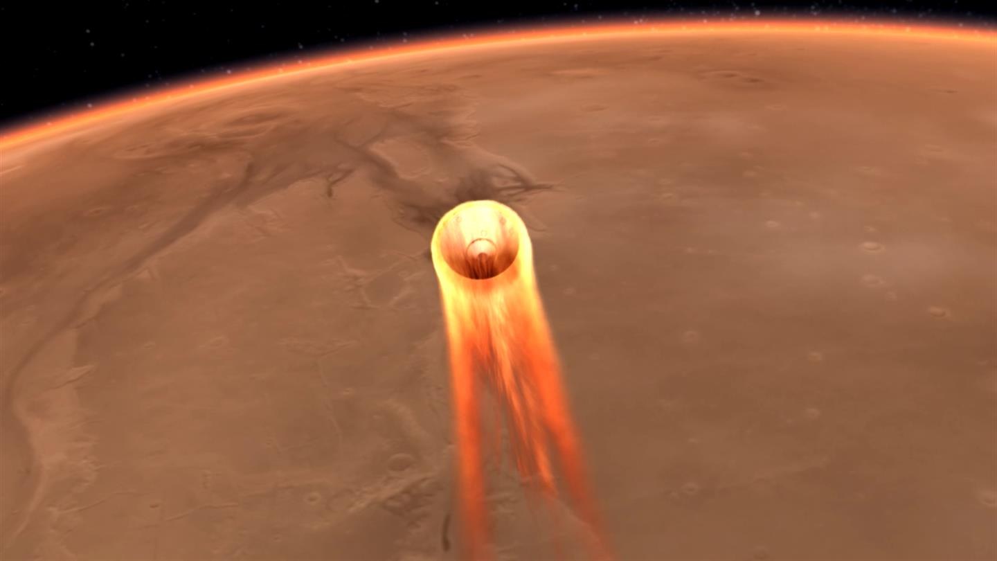 InSight beim Eintreten in die Marsatmosphäre (künstlerische Darstellung)
