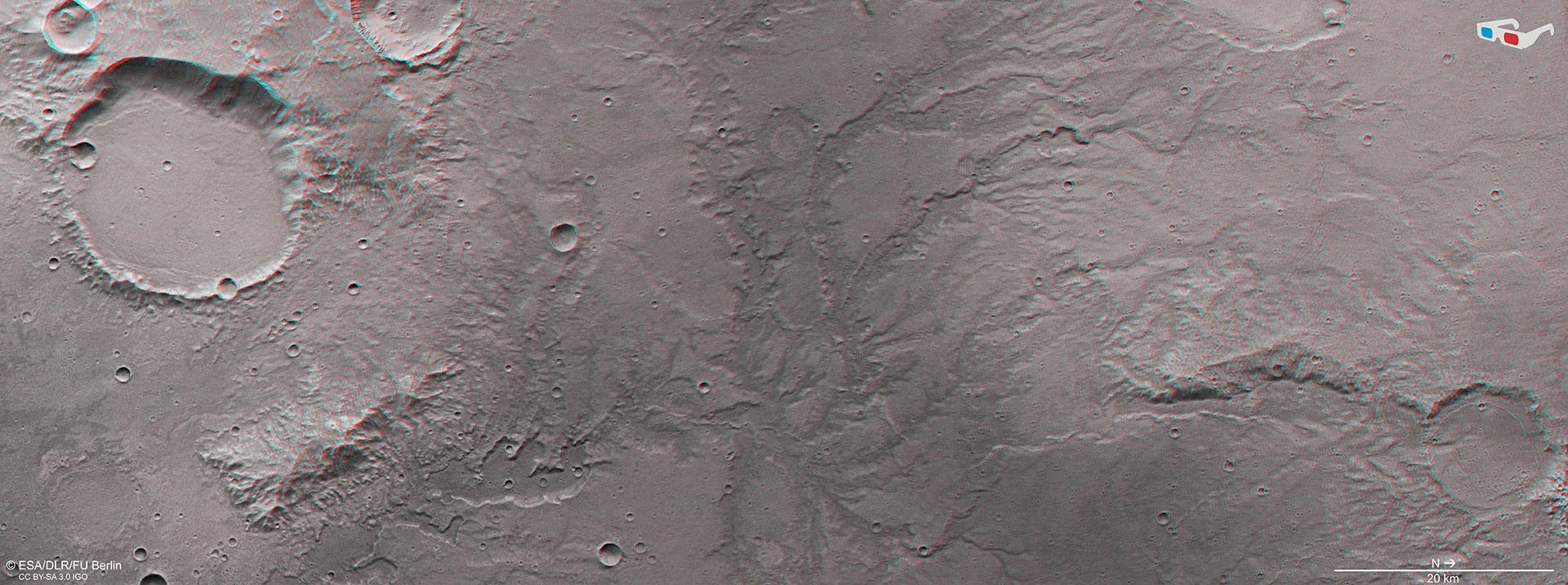 3D-Ansicht eines Talnetzwerks östlich des Kraters Huygens