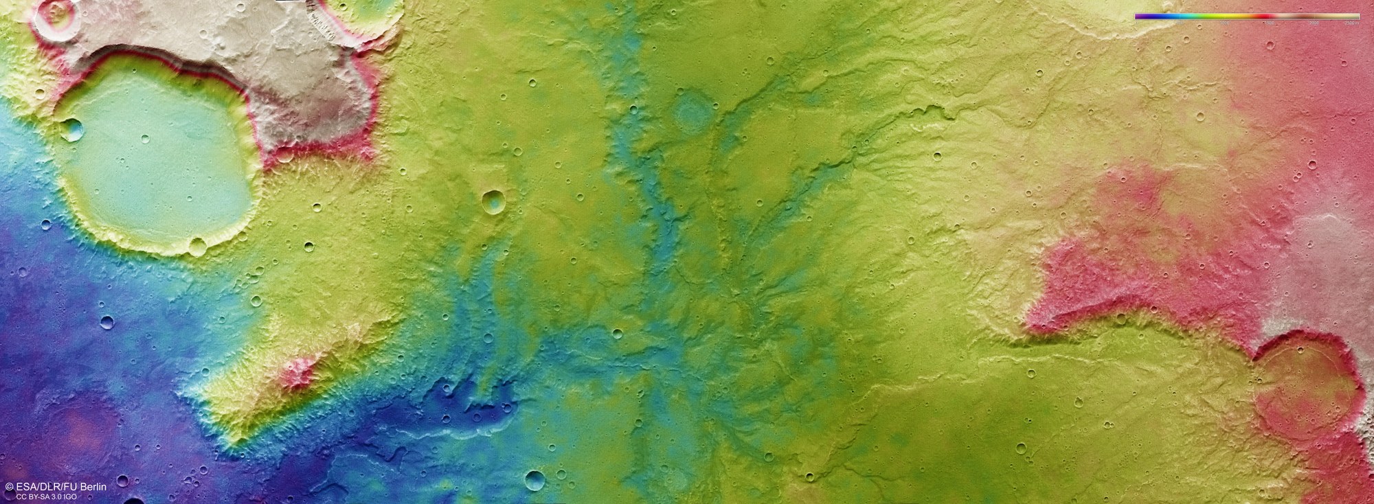 Farbkodierte topographische Bildkarte des Talnetzwerks östlich des Kraters Huygens