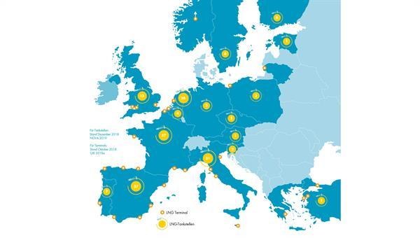 Grafik: LNG-Tankstellen und Terminals in Europa