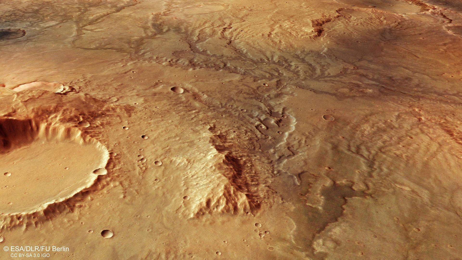 Perspektivische Ansicht des Talnetzwerks östlich des Huygens-Kraters