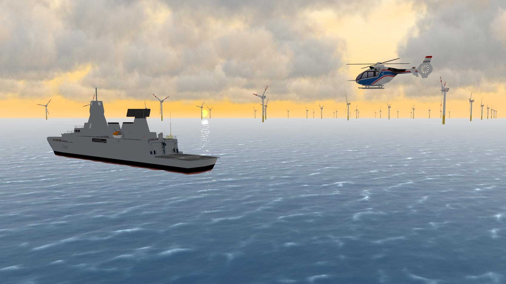 Simulierter Flug im Offshore-Windpark im AVES bei guten Sichtbedingungen