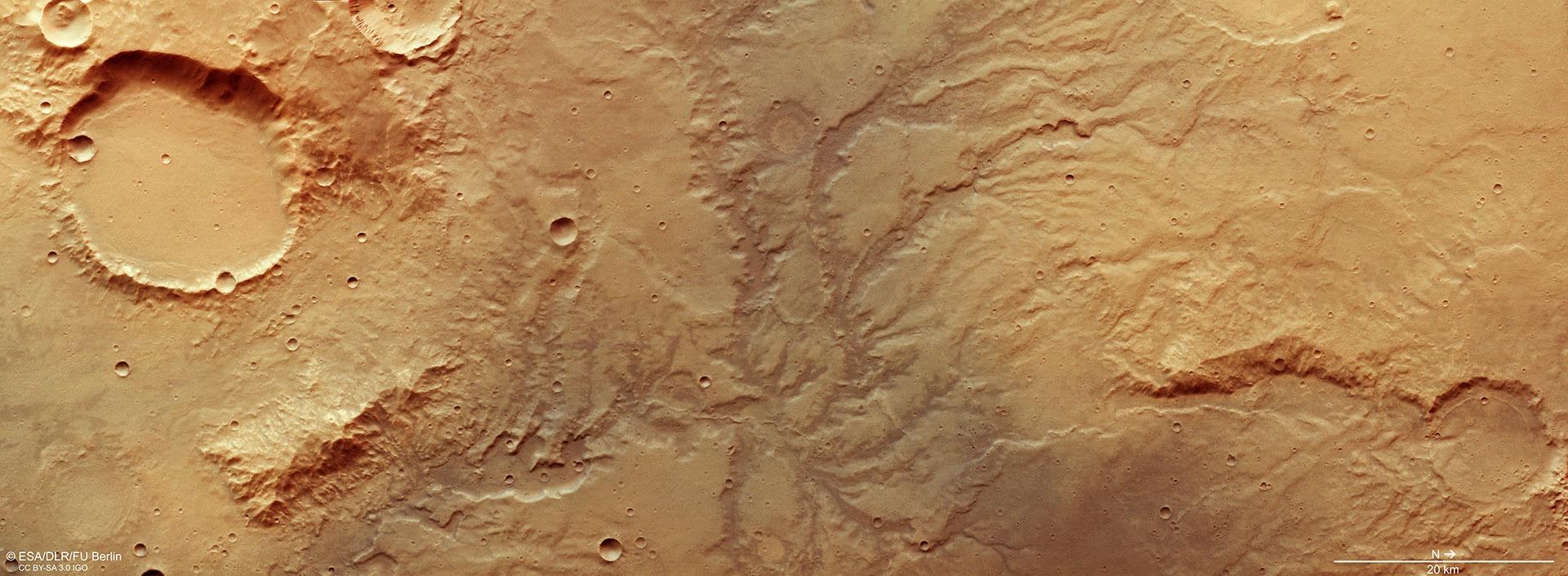 Blick auf das stark verästelte Talnetzwerk auf dem Mars