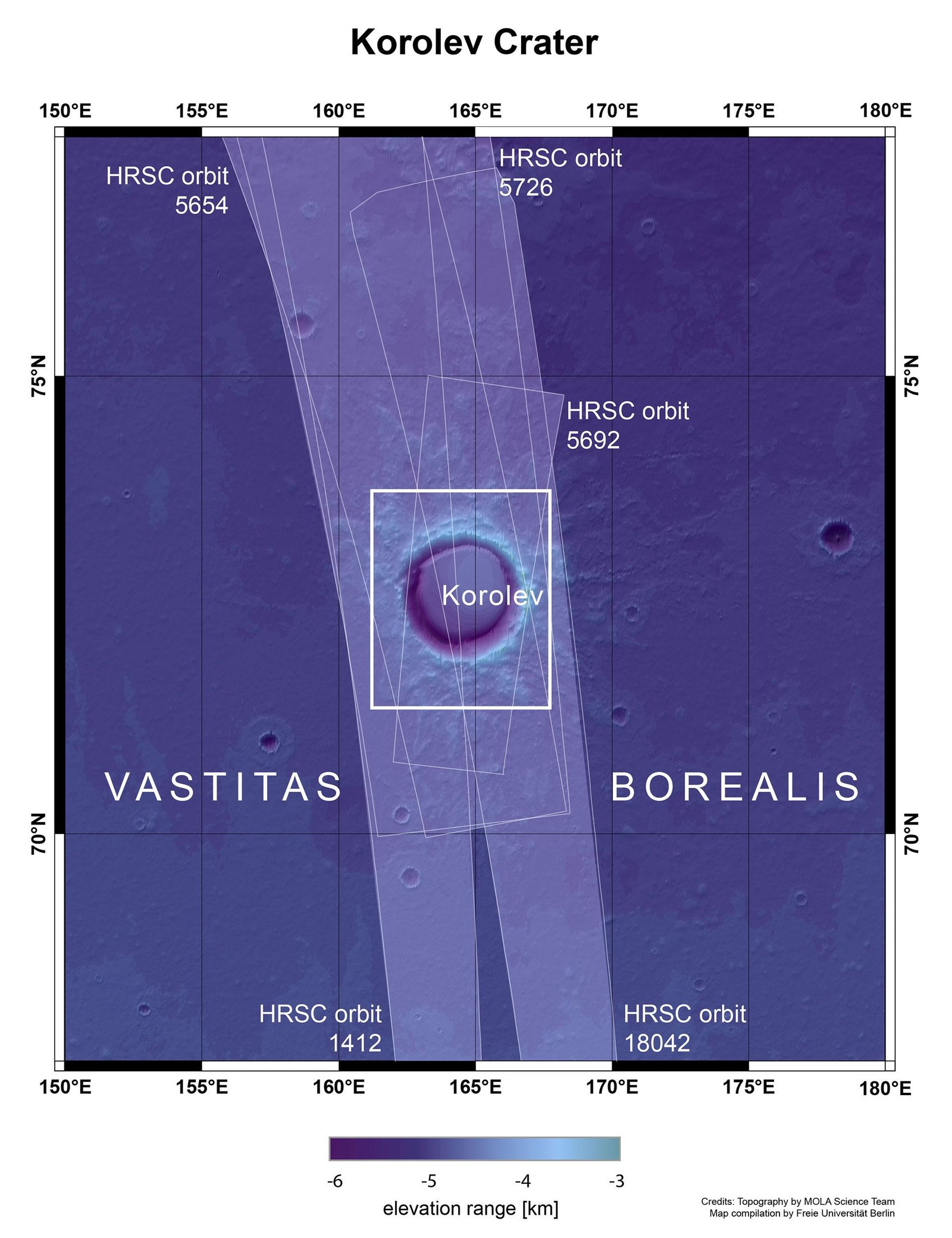 Topographische Übersichtskarte der Umgebung des Kraters Korolev