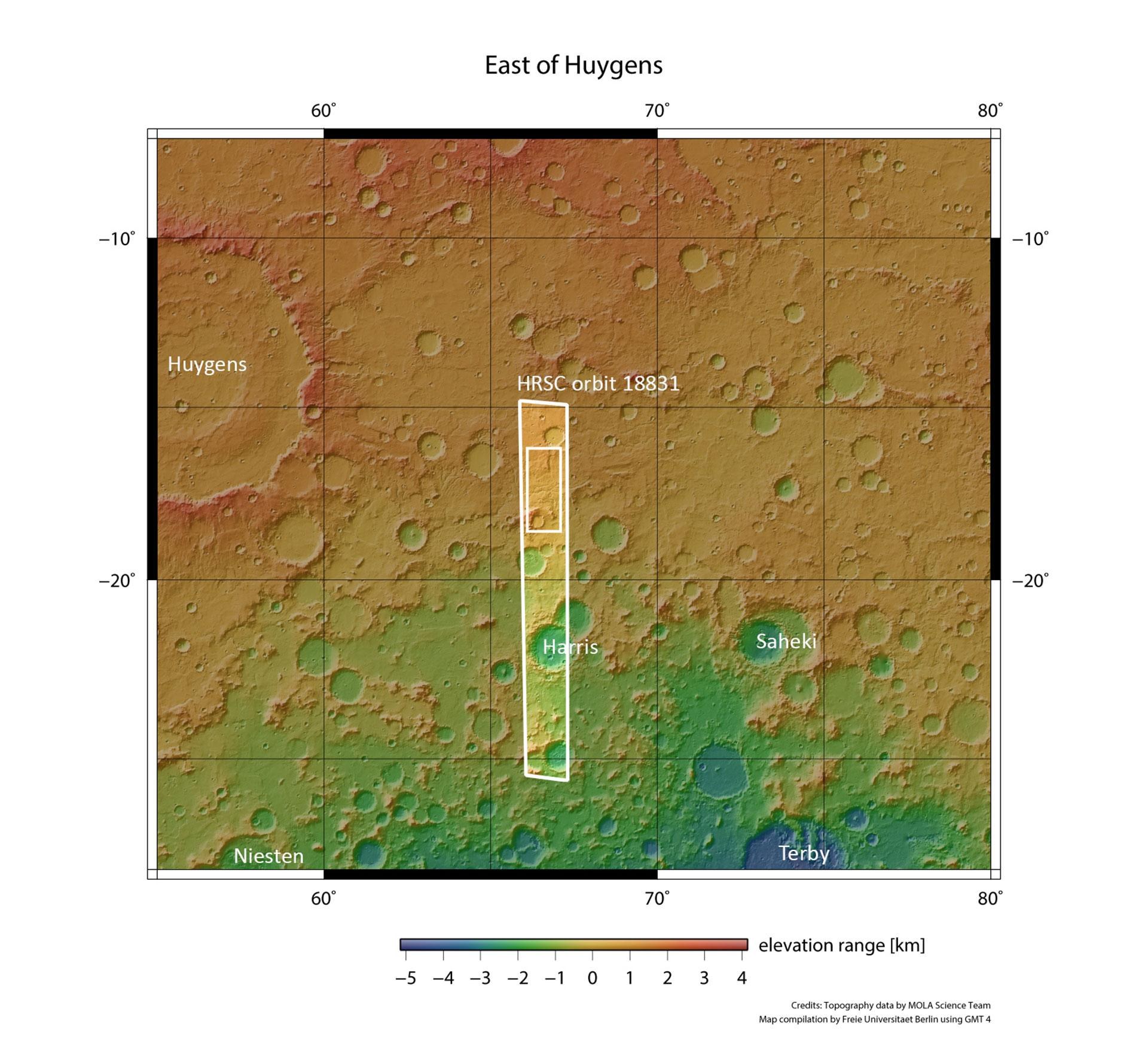 Topographische Übersichtskarte der Umgebung des Talnetzwerks östlich des Kraters Huygens