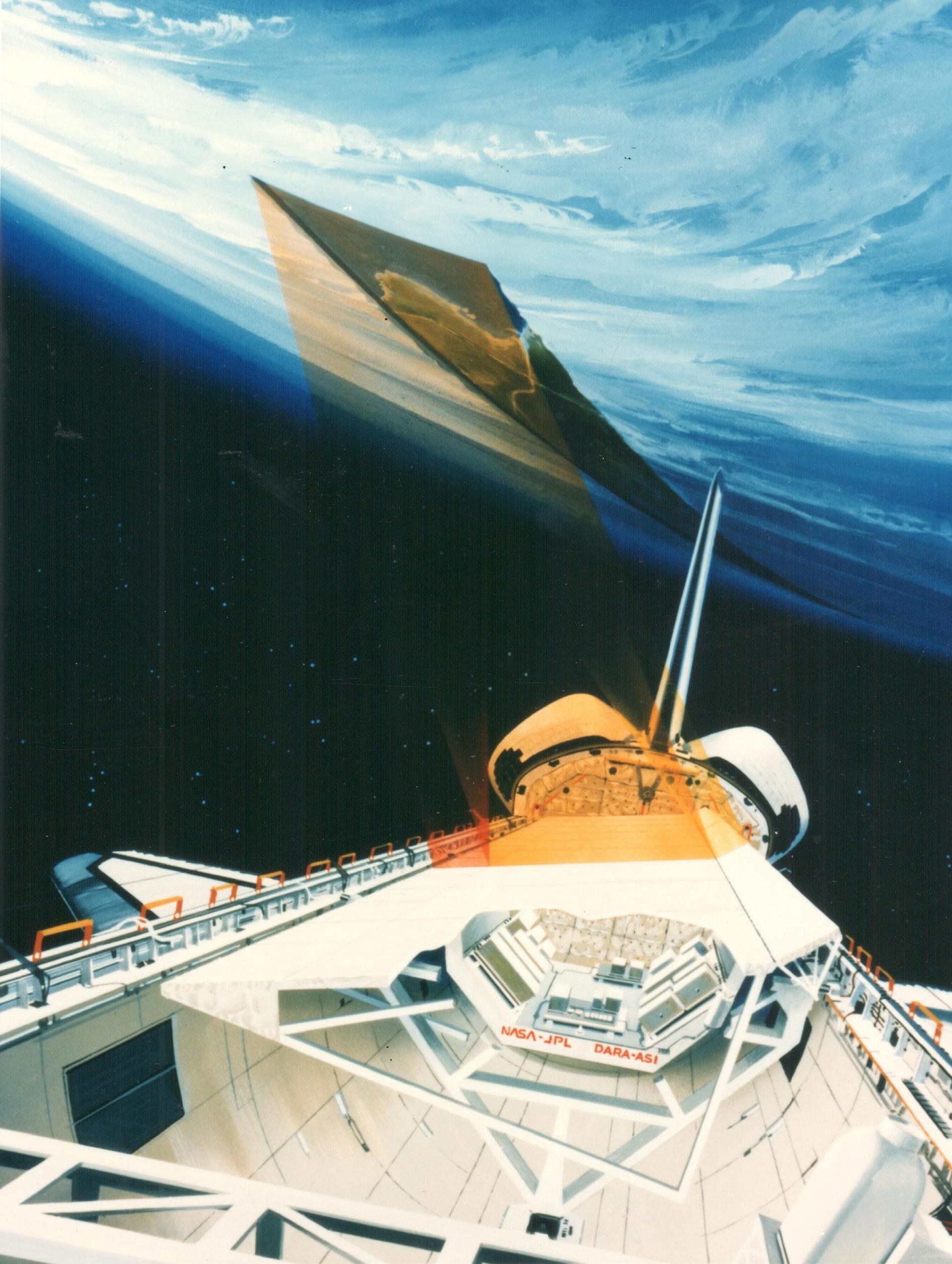 Künstlerische Darstellung zur SIR-C/X-SAR-Antenne in der Ladebucht des Space Shuttles von 1994