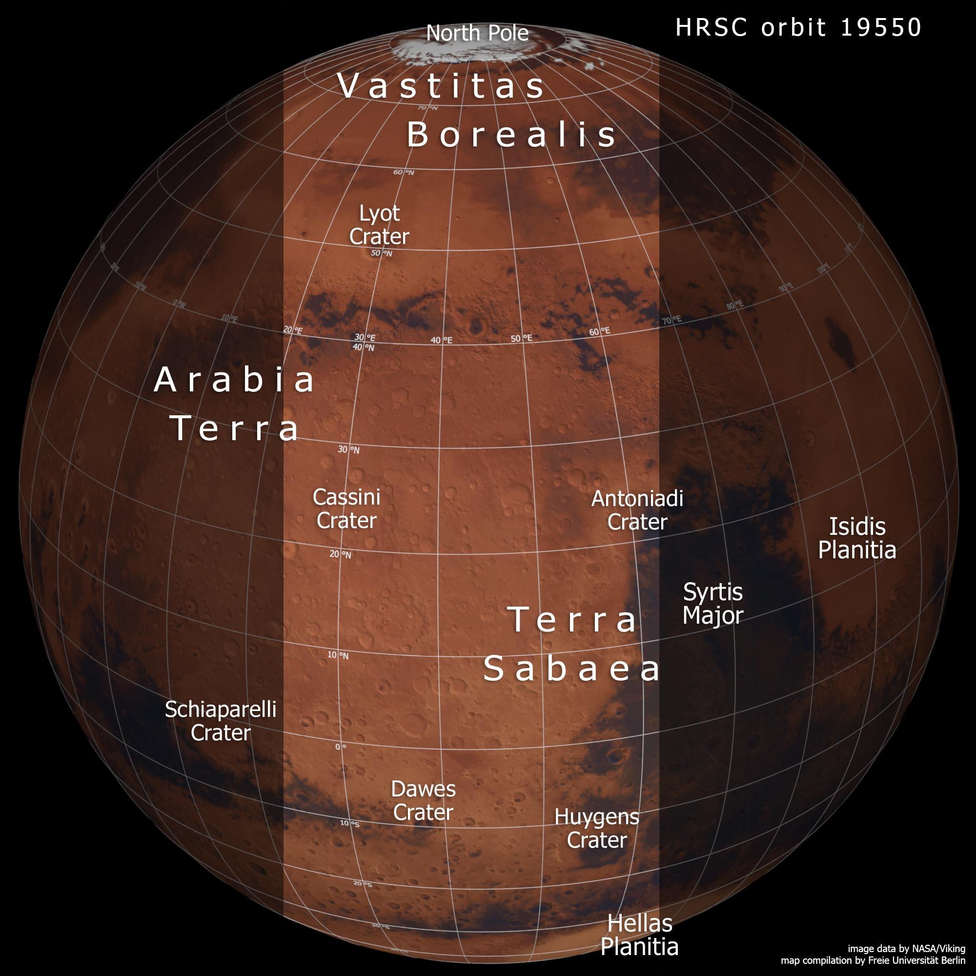 Die Nordhemisphäre des Mars zwischen 20 Grad Ost und 70 Grad Ost