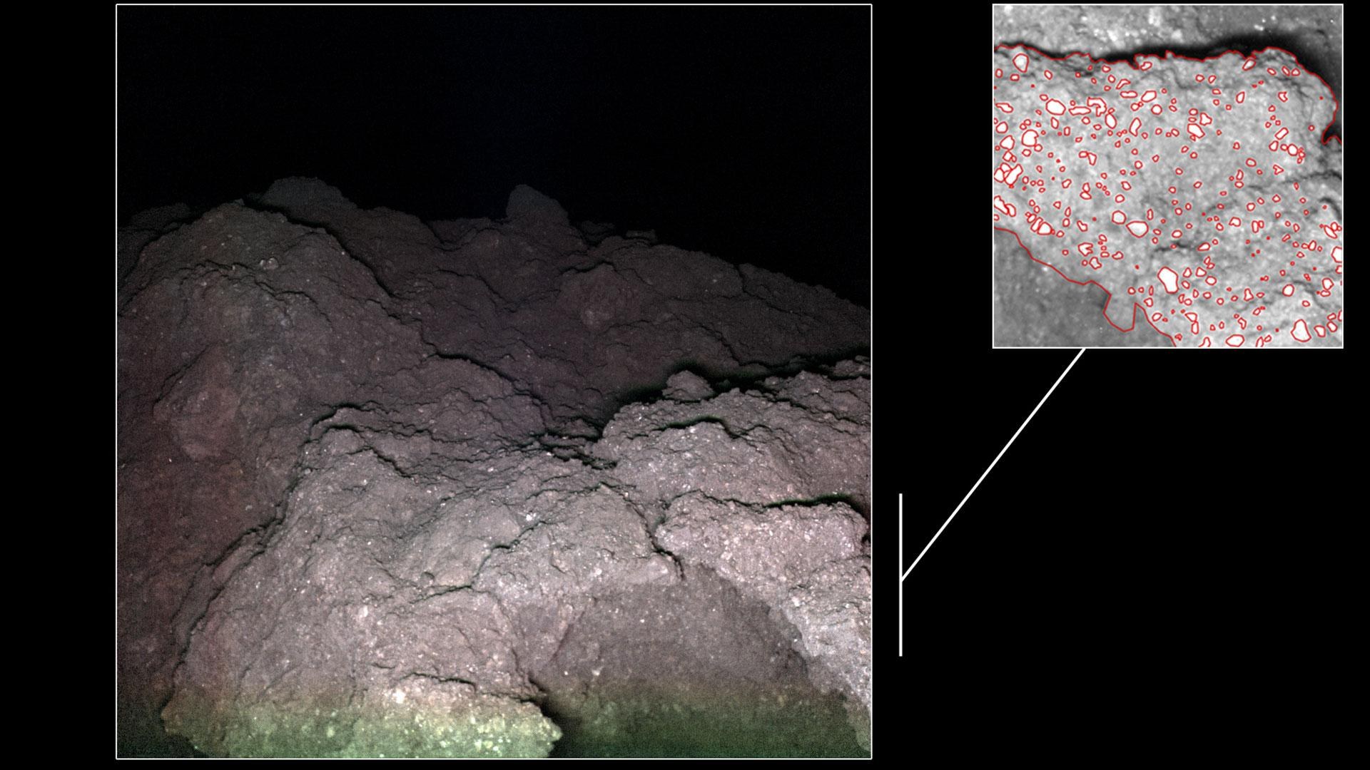Ryugu bei Nacht: „Blumenkohlfelsen“ mit hellen Mineralen