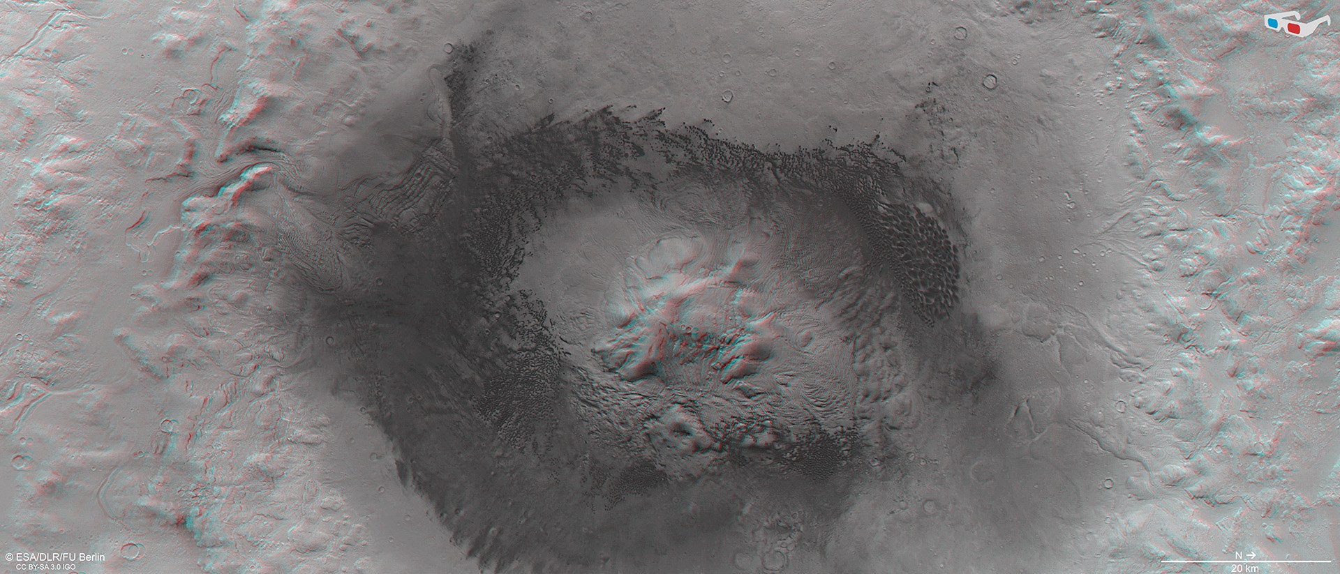 3D-Ansicht des Einschlagskraters Moreux in Protonilus Mensae