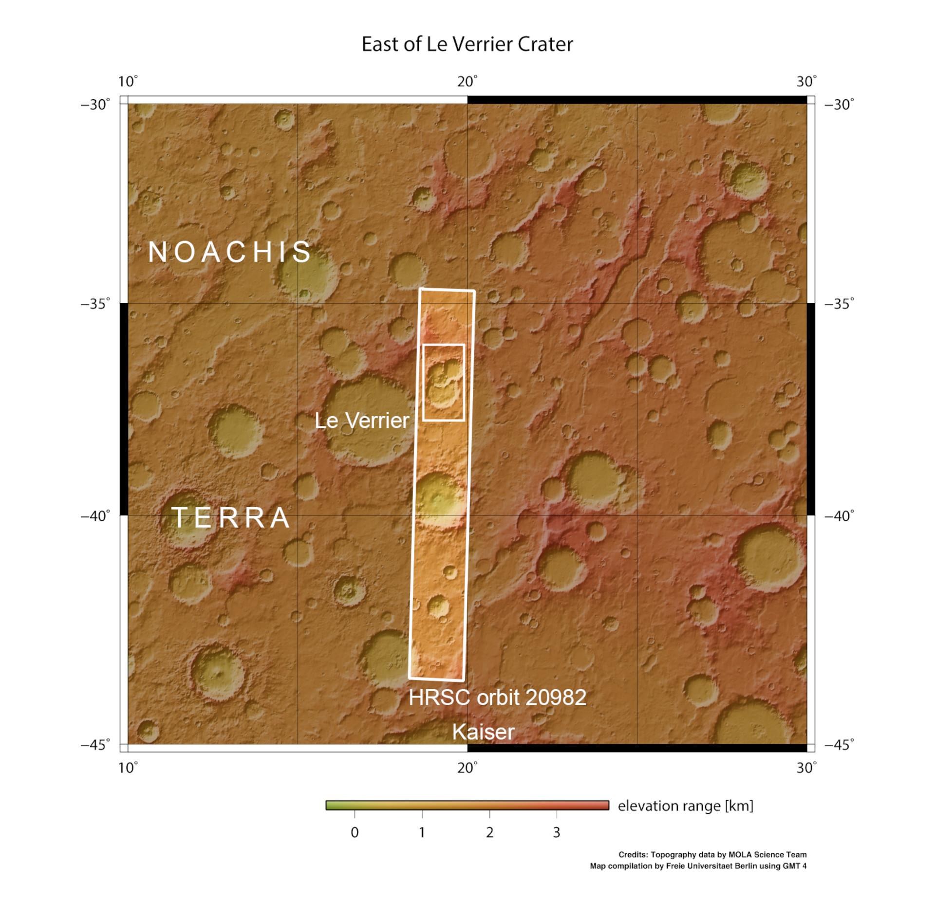 Topographische Übersichtskarte der Umgebung des Drillingskraters in Noachis Terra