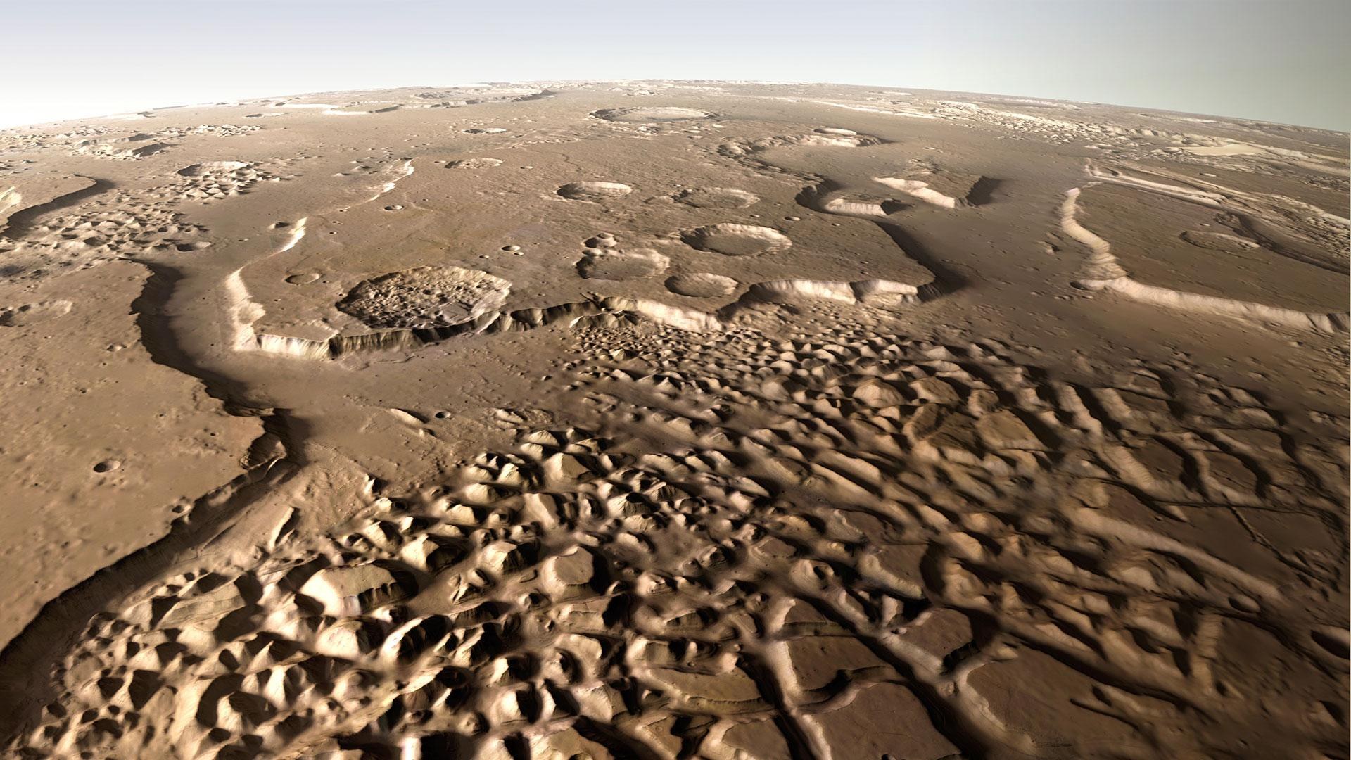 Die mar­kan­te Land­schaft von Hy­drao­tes Cha­os auf dem Mars