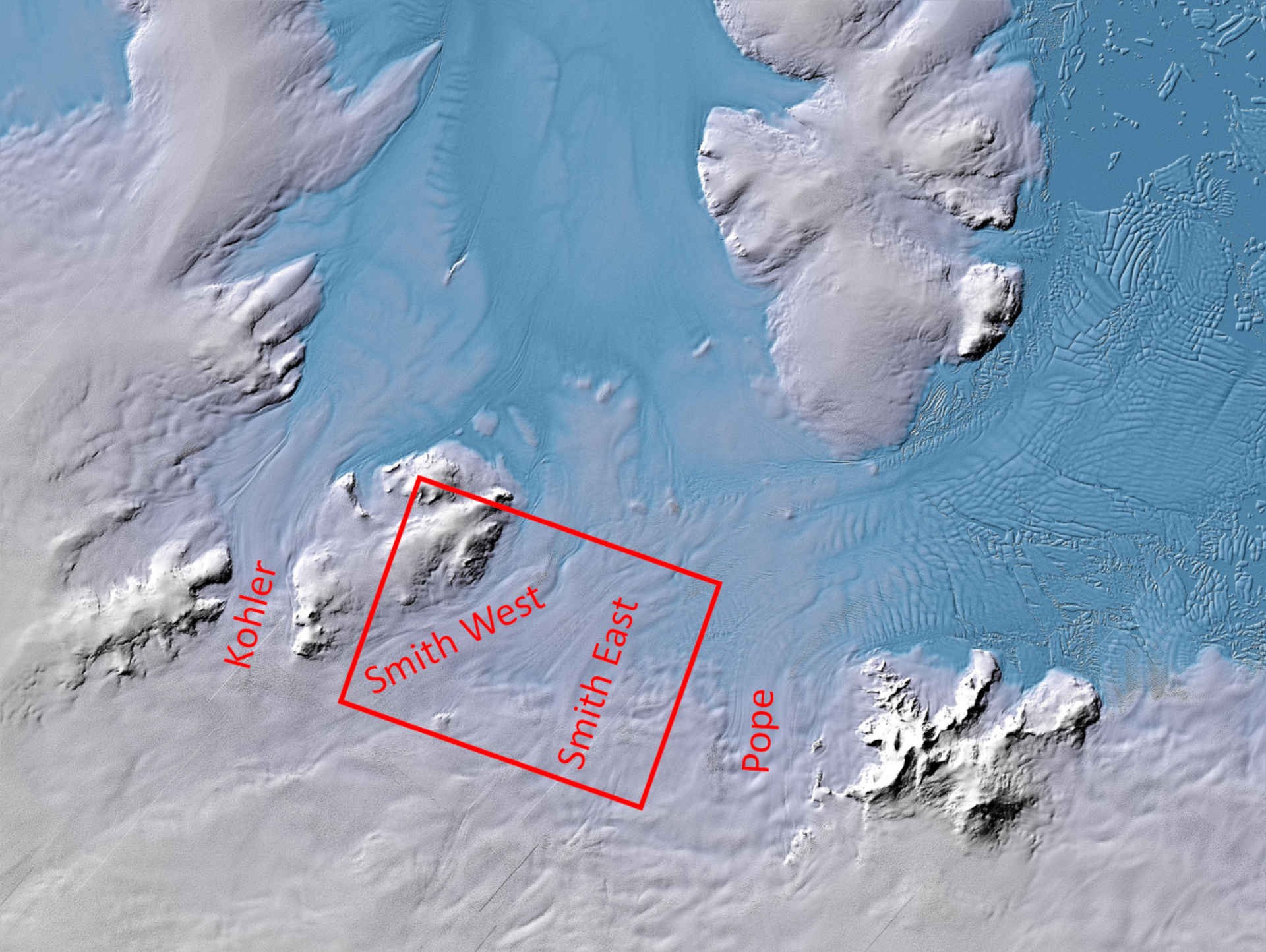 Mosaik von mehr als 40 TanDEM-X Höhenmodellen vom Amundsen Sea Embayment in der Westantarktis mit den Gletschern Kohler, Smith und Pope.
