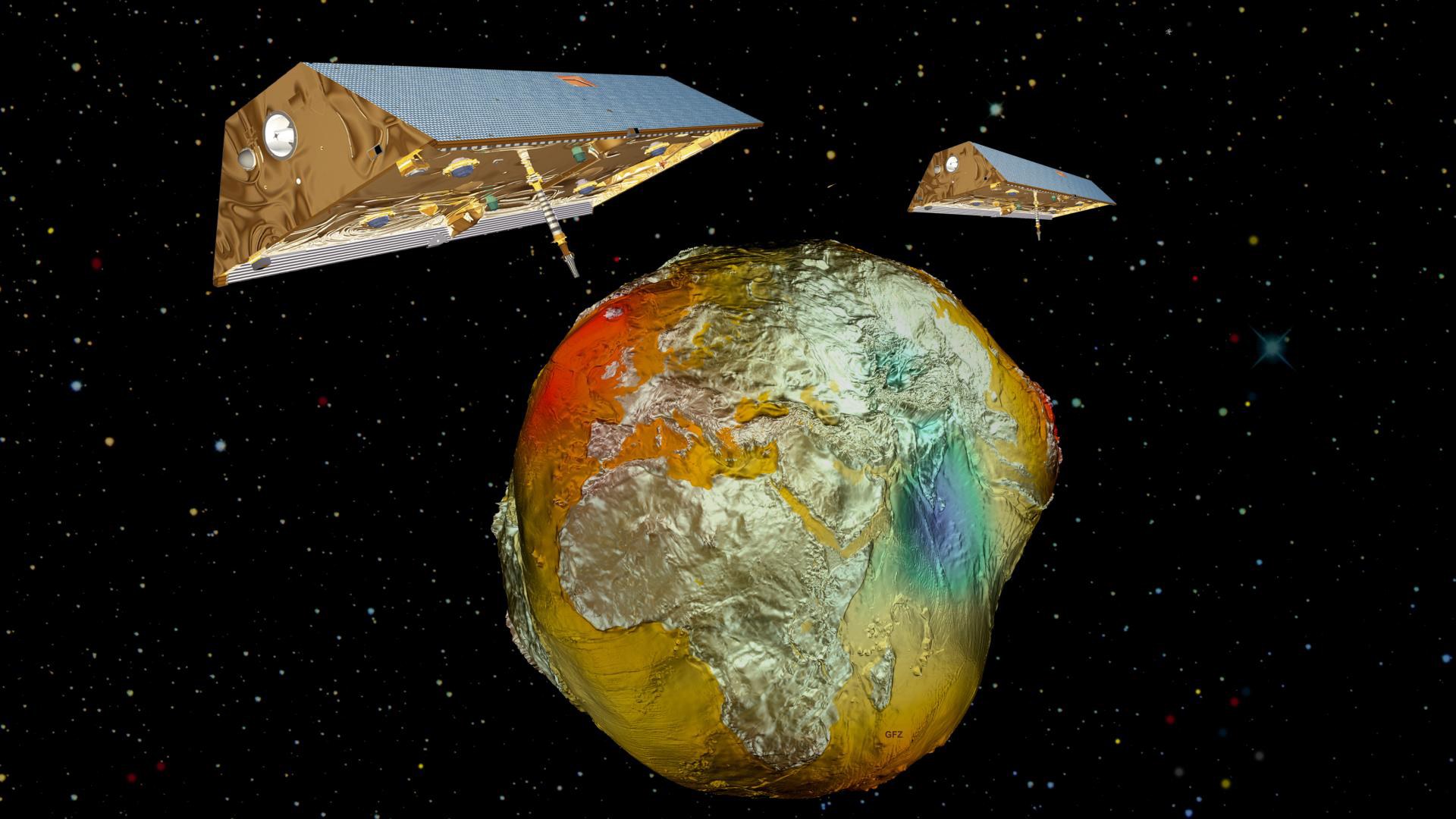 Künstlerische Darstellung der GRACE-Satelliten und der Erde