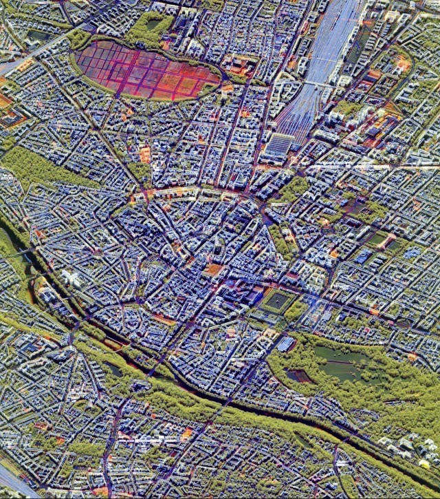 Das gezeigte Bild entstand aus einer Zeitserie von 60 TerraSAR-X-Aufnahmen, die sich über einen Zeitraum von drei Jahren erstreckt. Mittels der Software RADIAN des DLR wurden die Aufnahmen zu einem Falschfarbenbild verarbeitet.