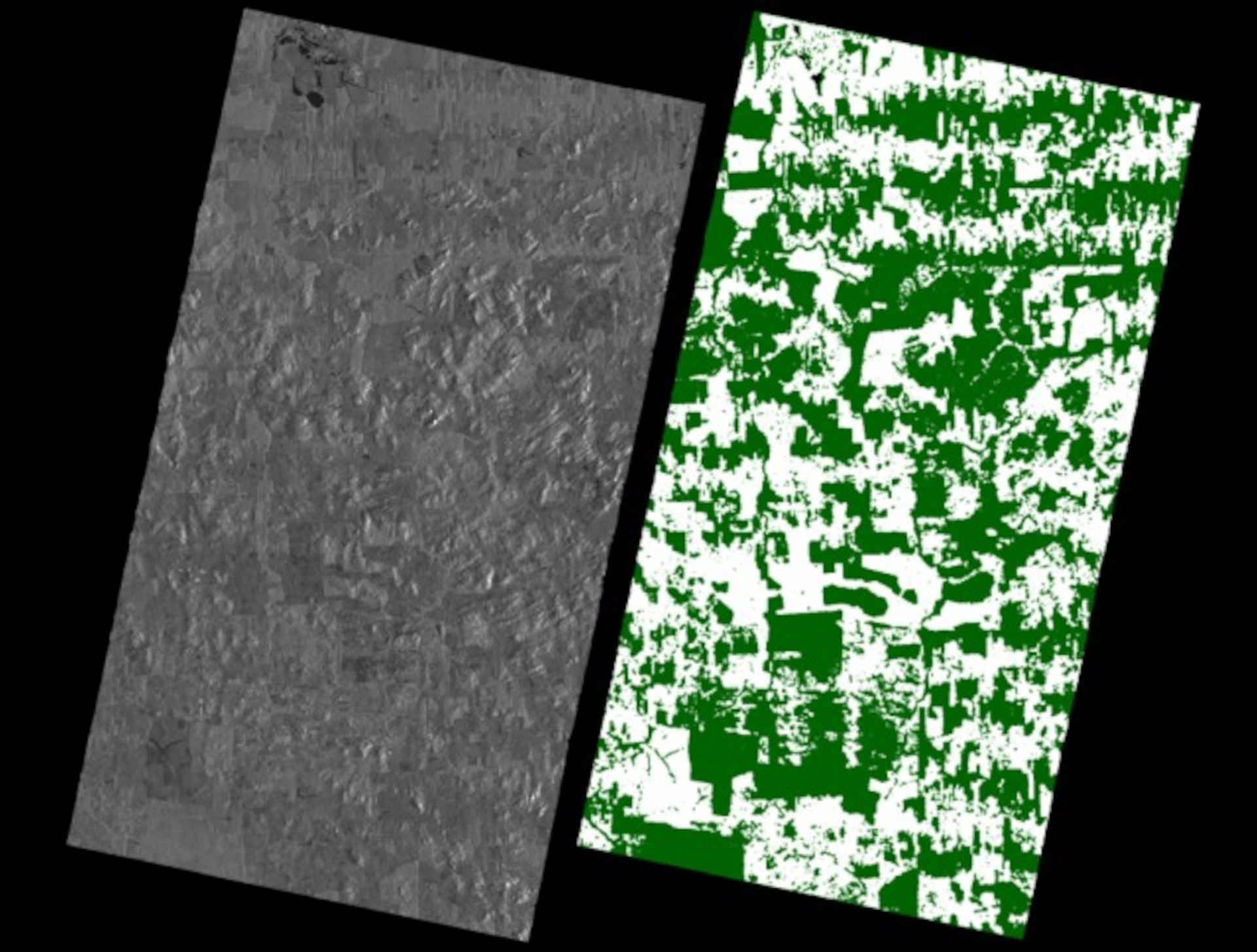 Die Bilder zeigen ein Gebiet im brasilianischen Bundesstaat Rondônia, die der globalen TanDEM-X-Waldkarte des DLR entnommen wurden.