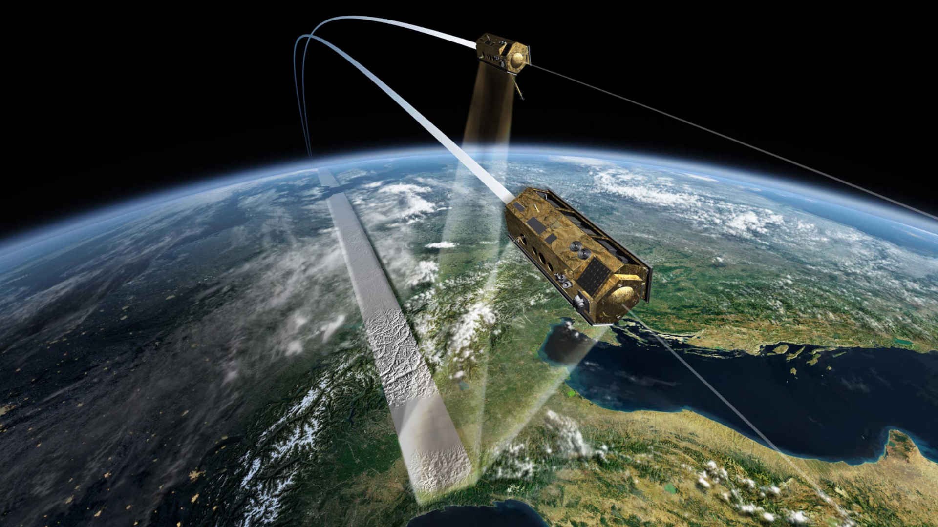 Die Satelliten TerraSAR-X und TanDEM-X im Formationsflug