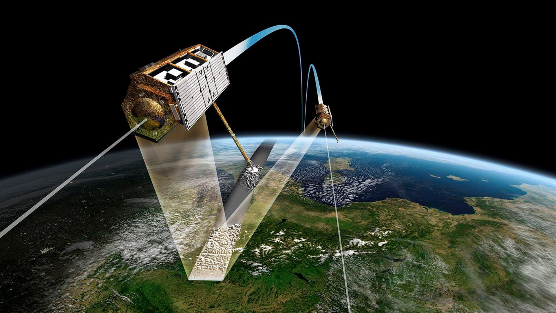 Künstlerische Darstellung der Satelliten TanDEM-X und TerraSAR-X im Orbit