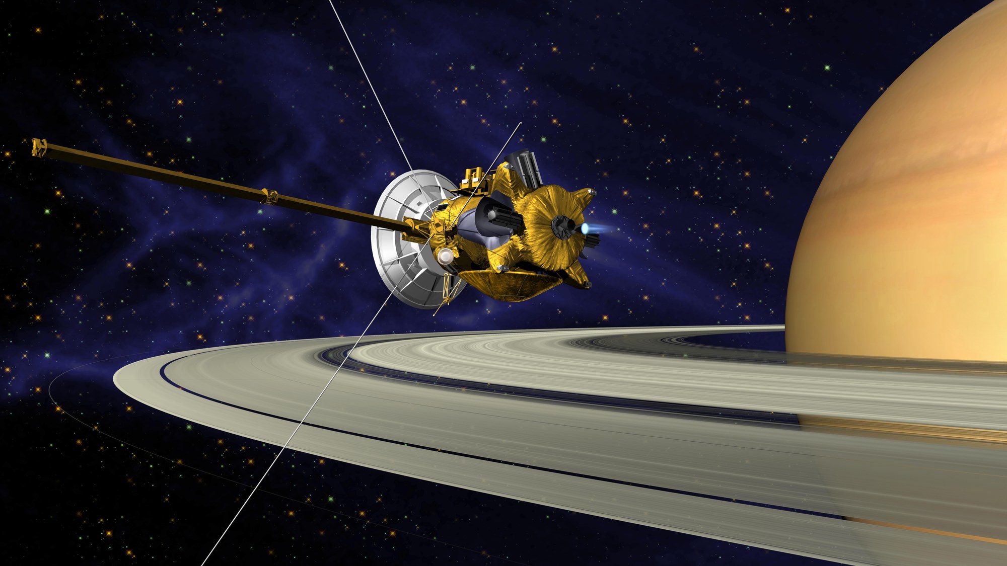 Das Cassini-Raumschiff schwenkt in einen Orbit um Saturn ein.