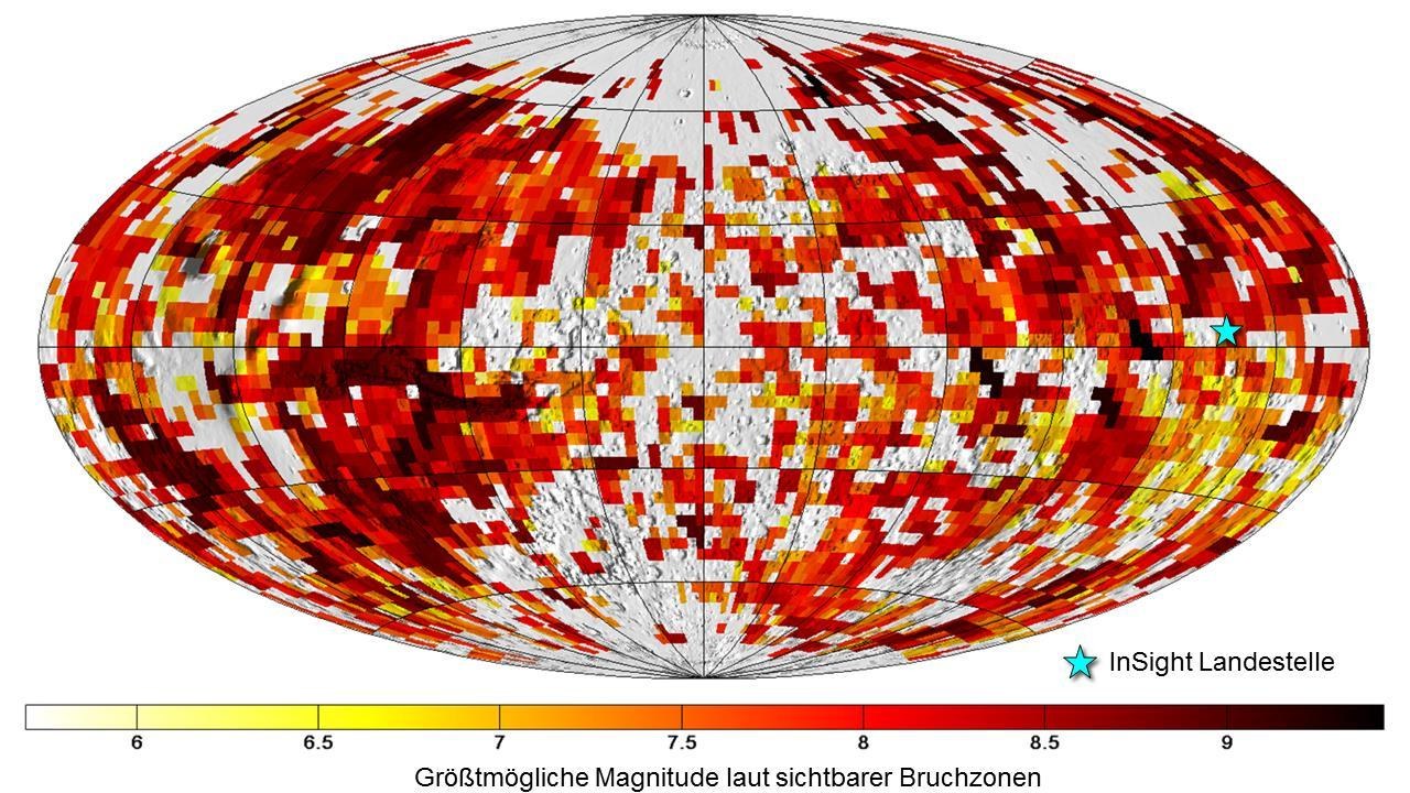 Angenommene, größtmögliche Magnitude von Beben auf dem Mars